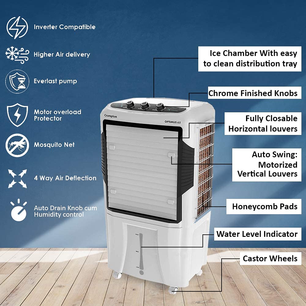 Crompton Optimus 65 Desert Air Cooler- 65L; with 18” Fan, Everlast Pump Mahajan Electronics Online