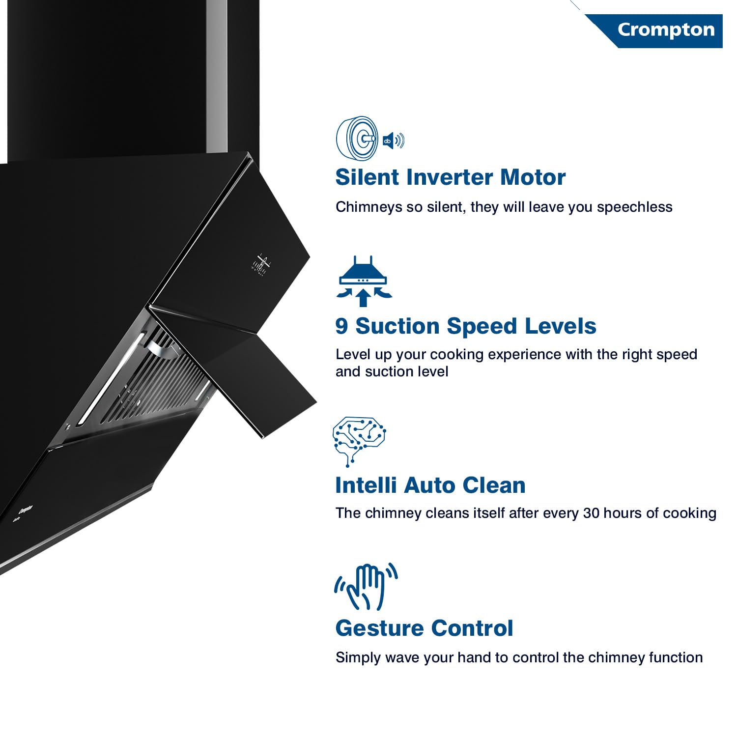 Crompton CHD-QPVI90FLE-MBL QuietPro Inverter Motor Inclined 90cm Filter less Auto Clean Wall Mounted Chimney Black Mahajan Electronics Online