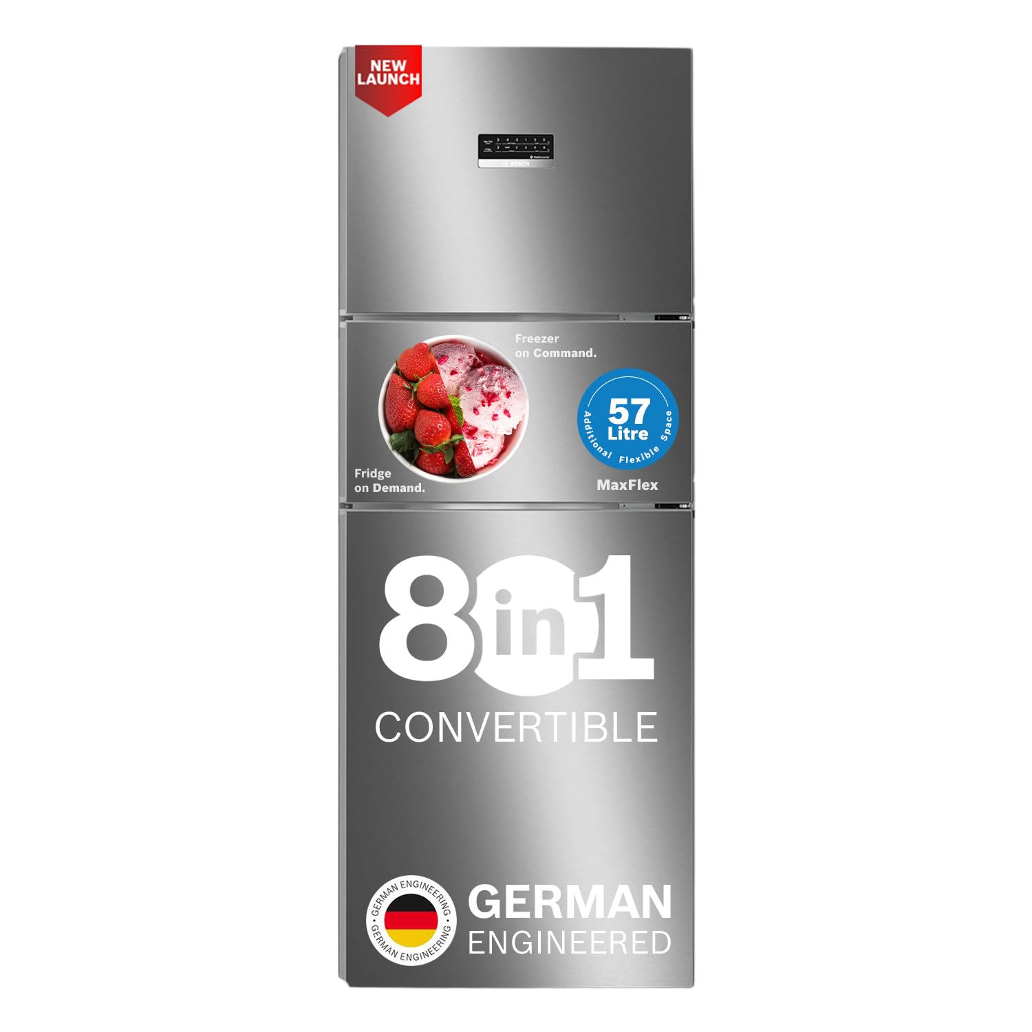 Bosch CMC33K03NI 302L, 3 Star, MaxFlex Convert Frost Free Triple Door Refrigerator | 8-in-1 Convertible Storage Modes | 57L Extra Convertible Zone | Cool Extend up to 18 hours (, Smokey Steel) Bosch online mahajan electronics