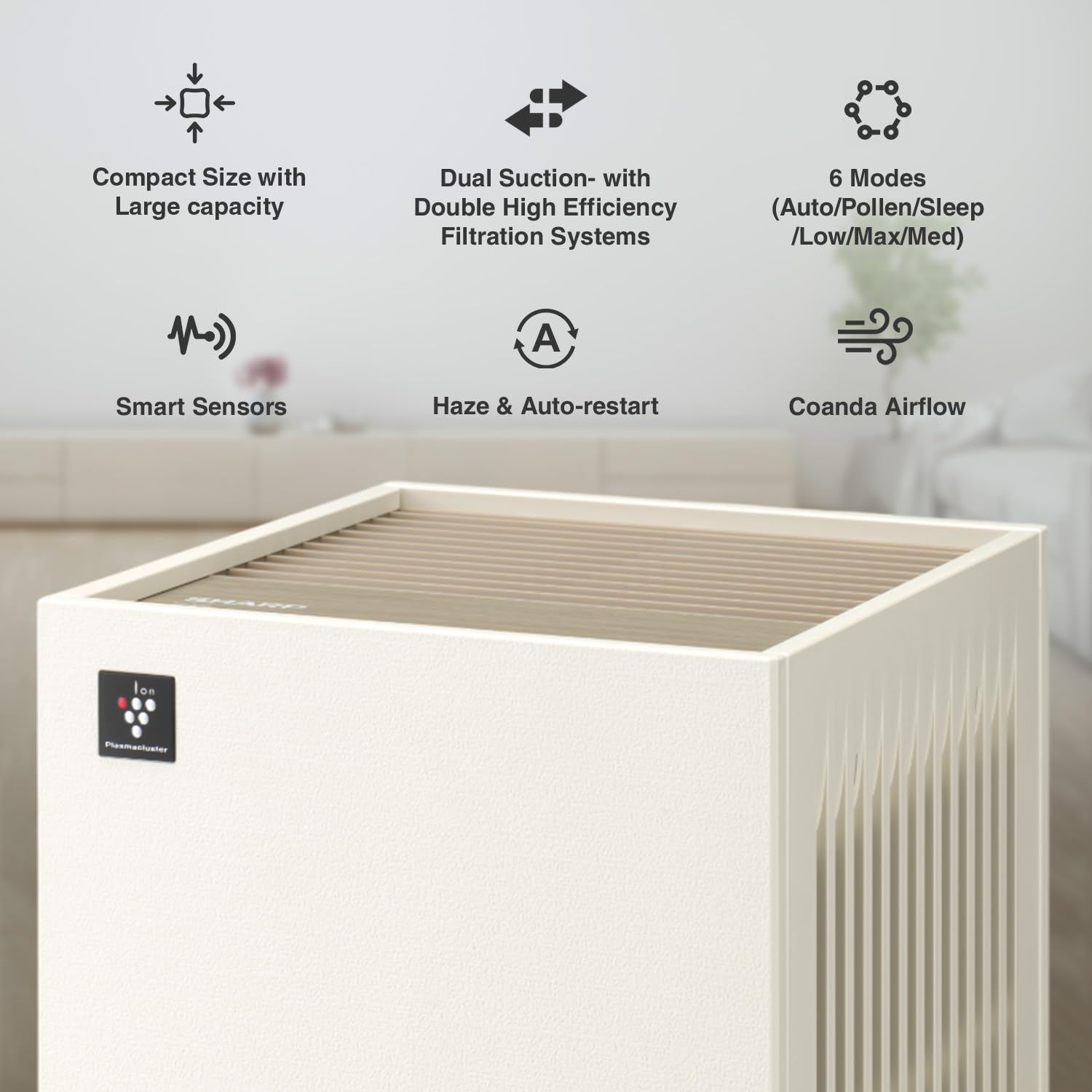 Sharp Air Purifier FP-S40M-W with Patented PCI Technology, HEPA Filter, Removes Bacteria