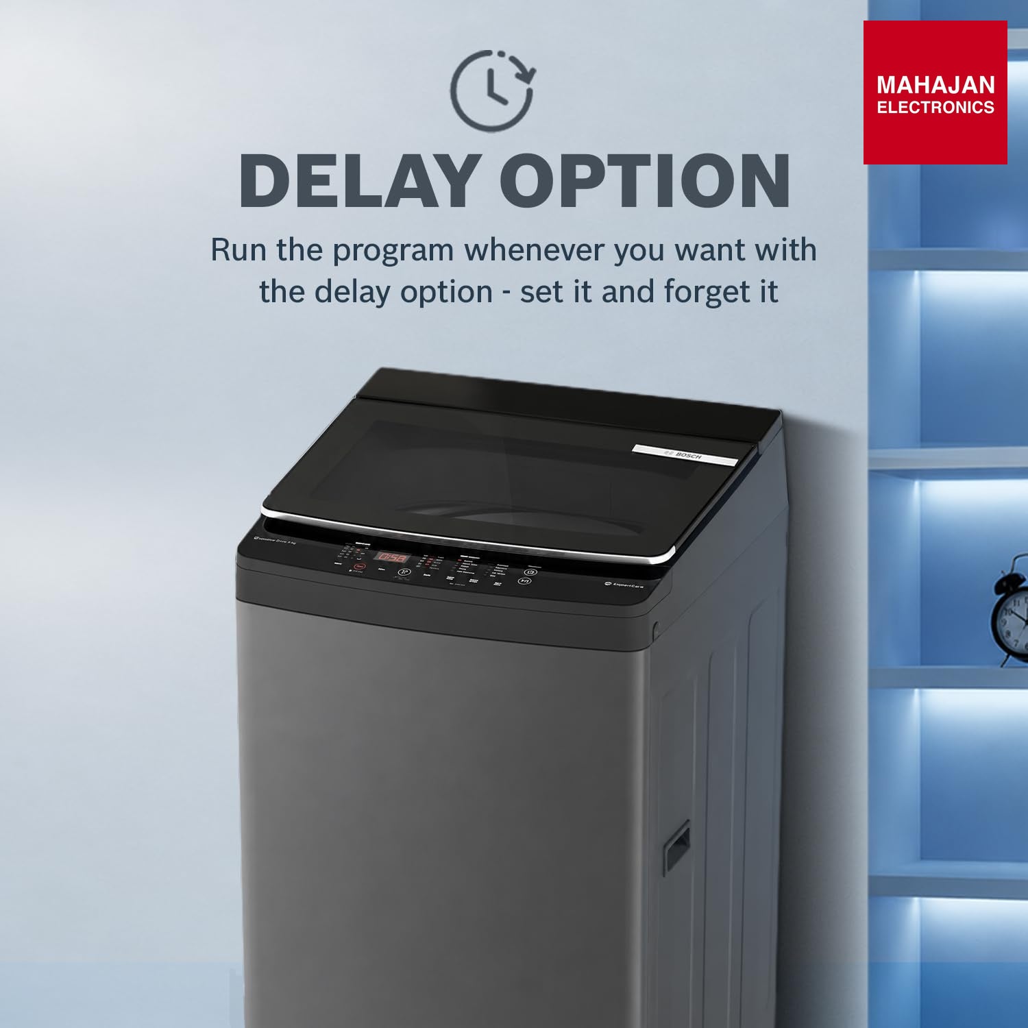 Bosch WOE90EV0IN 9 KG 5 Star Fully Automatic Top Loading Washing Machine,Inbuilt Heater,Glass Lid with chrome finish,Tempered Glass with Soft Closing Lid,Unique display with 10 Button, Vietnam Black,(WOE90EV0IN) Bosch online mahajna electronics