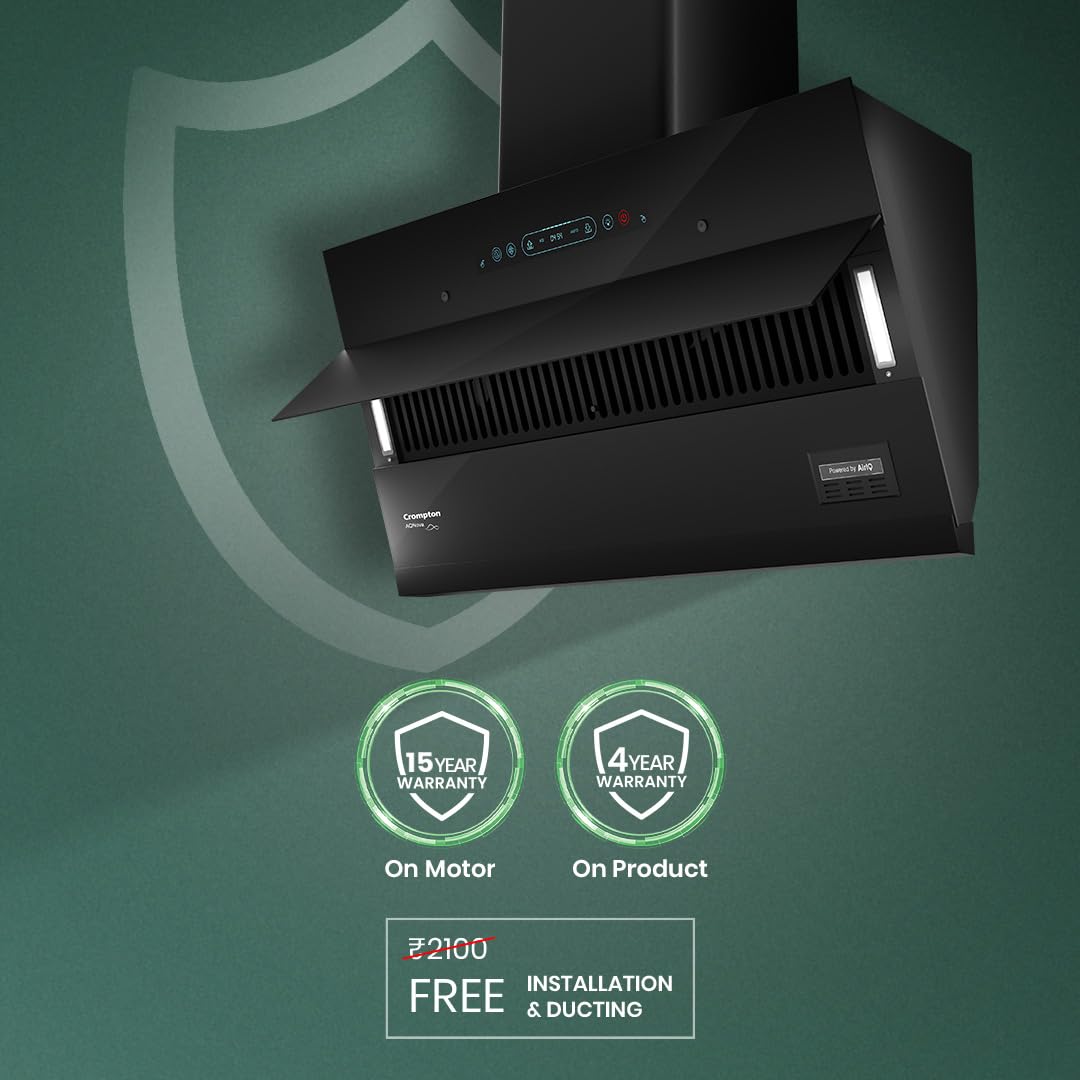 Crompton CHD-AQI75FLE-IND AQNova BLDC 1800m3/hr 75 cm Slant Chimney|AirIQ technology|Adaptive suction| Intelligent Autoclean|Motion Sensor|15Yrs Motor & 4Yrs Overall Warranty|(Black)|Free Installation & Ducting kit mahajan electronics online