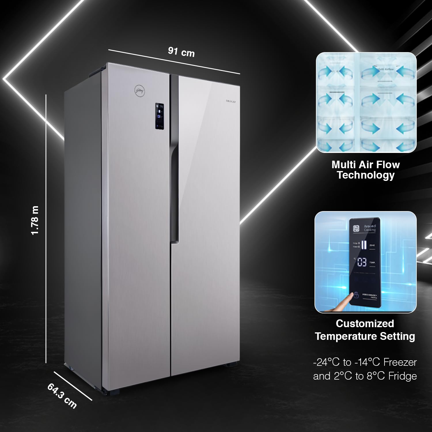 Godrej RS EONVELVET 579 RFD PL ST 564 L Frost Free Side-By-Side Refrigerator ( Platinum Steel, Multi Air Flow System) - Mahajan Electronics Online