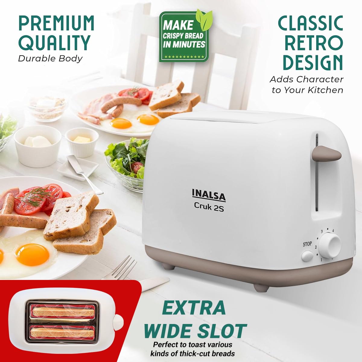 Isla Toaster INALSA Cruk 2S 2 Slice Auto Pop-Up Toaster, A Smart Bread Toaster for