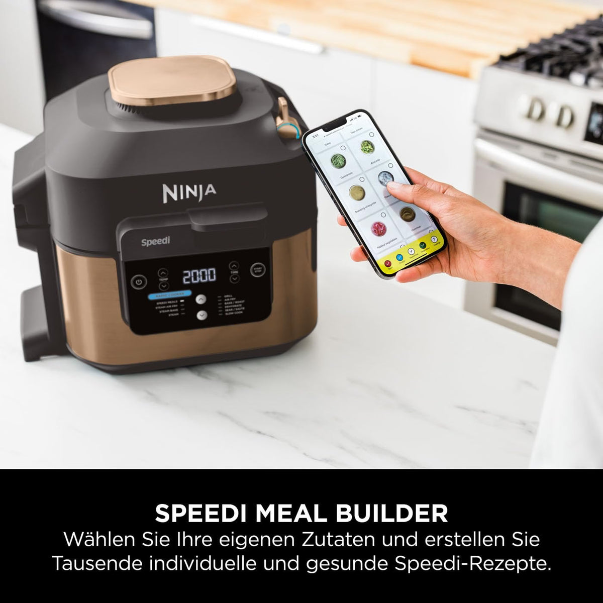 Ninja ON400EUCP Speedi 10-in-1 Fast Pressure Cooker, Air Fryer, Air Fryer and Multicooker, 5.7L, Meals for 4 in 15 Minutes, Steam, Grill, Bake, Roast, Stew and More, Black and Copper Ninja online mahajan electronics