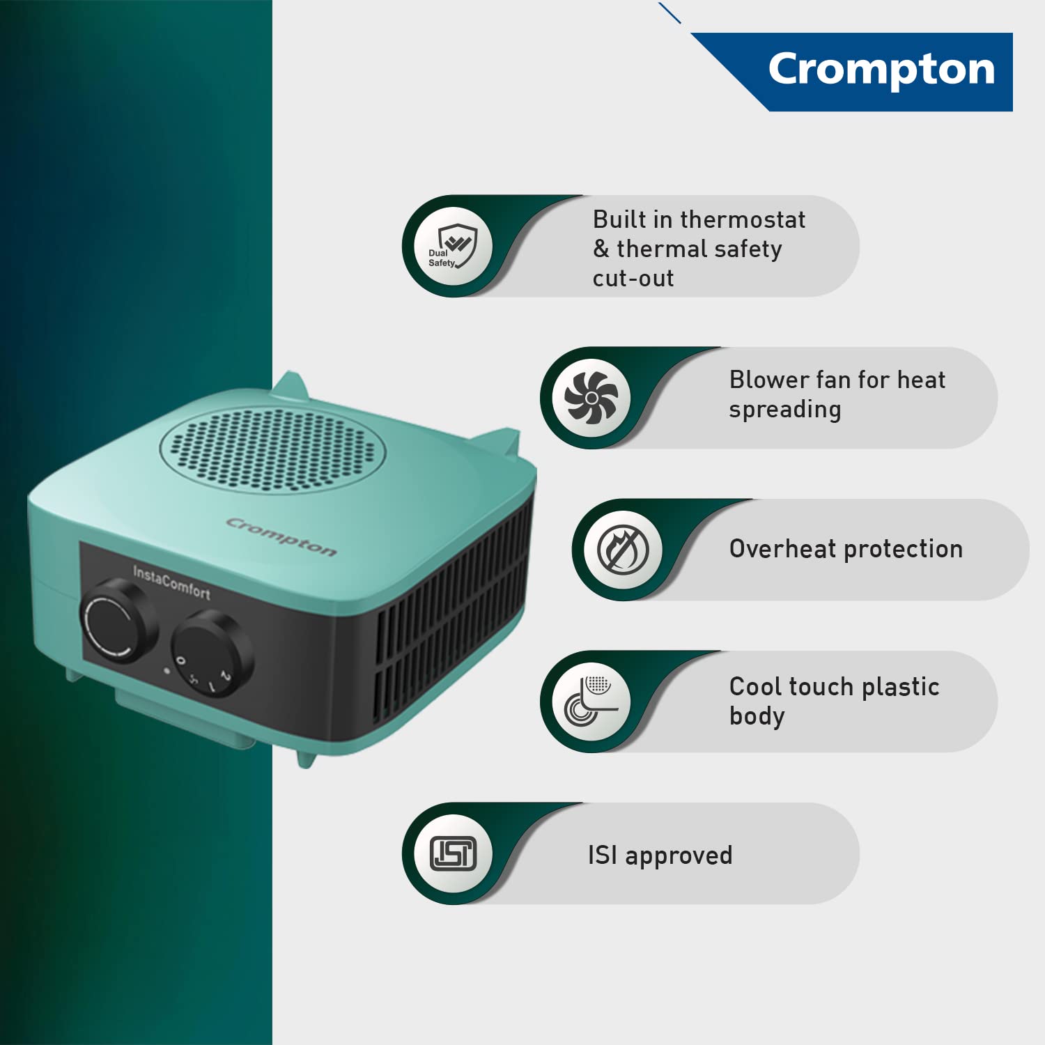 Crompton Insta Comfort Heater 2000 Watts Heat Convector with Adjustable Thermostats, Hybrid Cyan, Standard Mahajan Electronics Online