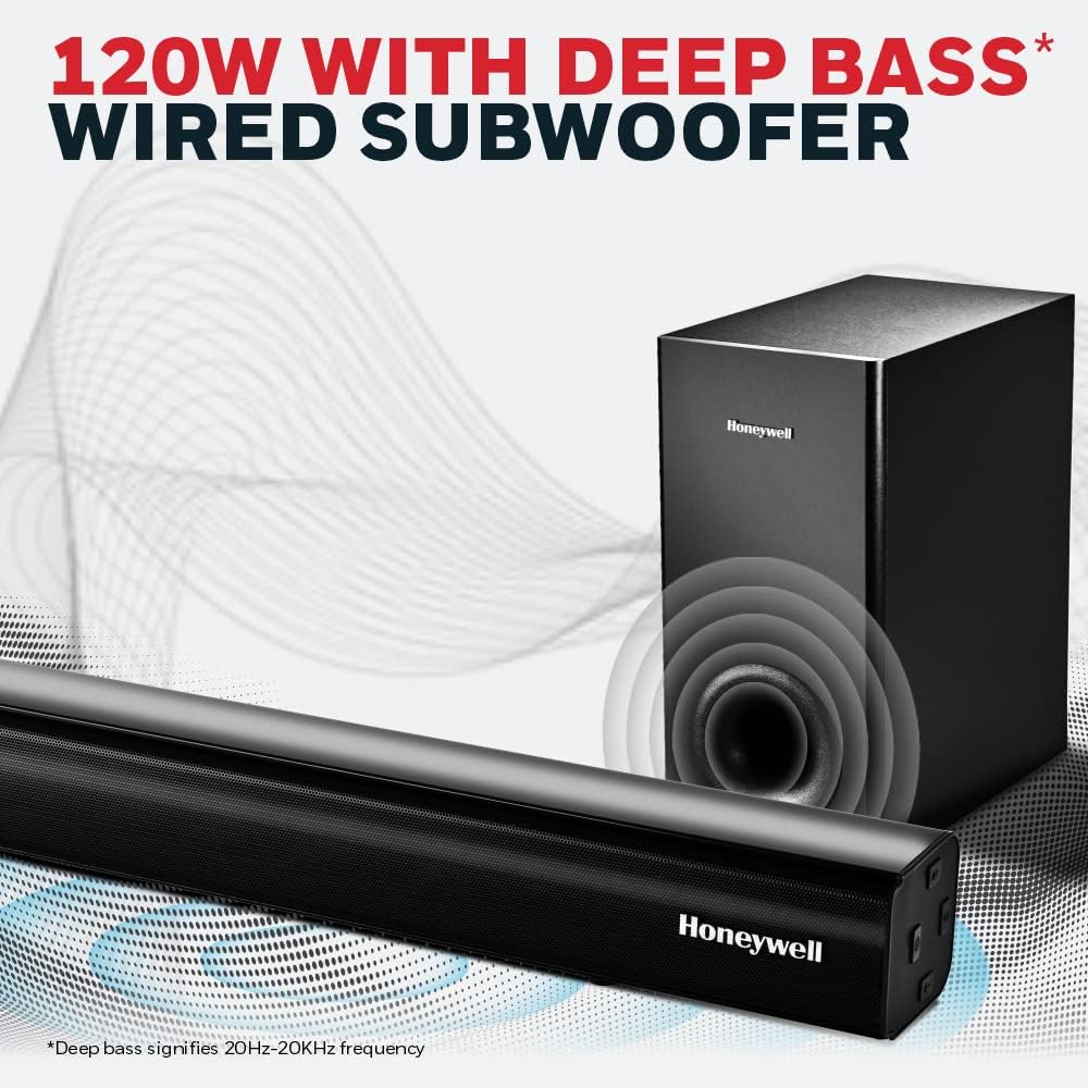 Honeywell Newly Launched Trueno U2000 120W Soundbar with Subwoofer, 2.1 Channel Home Theatre Mahajan Electronics Online