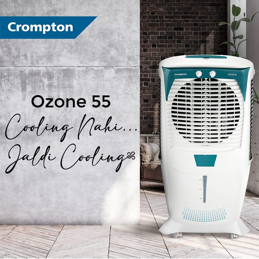 Crompton ACGC-DAC555 Ozone Desert Air Cooler- 55L; with Everlast Pump, Auto Fill, 4-Way Air Deflection and High Density Honeycomb pads; White & Teal Mahajan Electronics Online