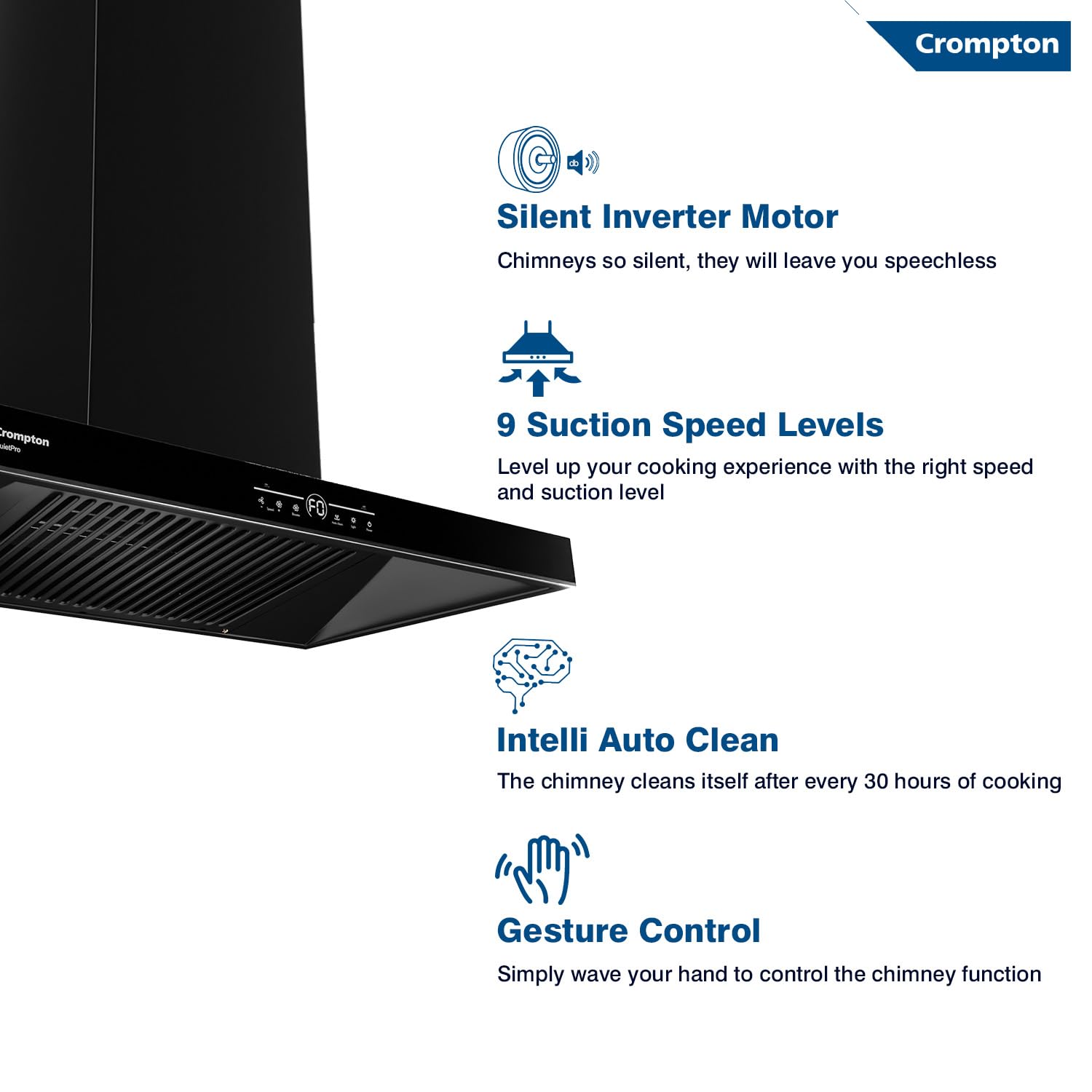 Crompton QuietPro Inverter Motor Box 90cm Filter less Auto Clean Wall Mounted Chimney Black 1430 CMH - CHD-QPVB90FLE-MBL  Mahajan Electronics Online