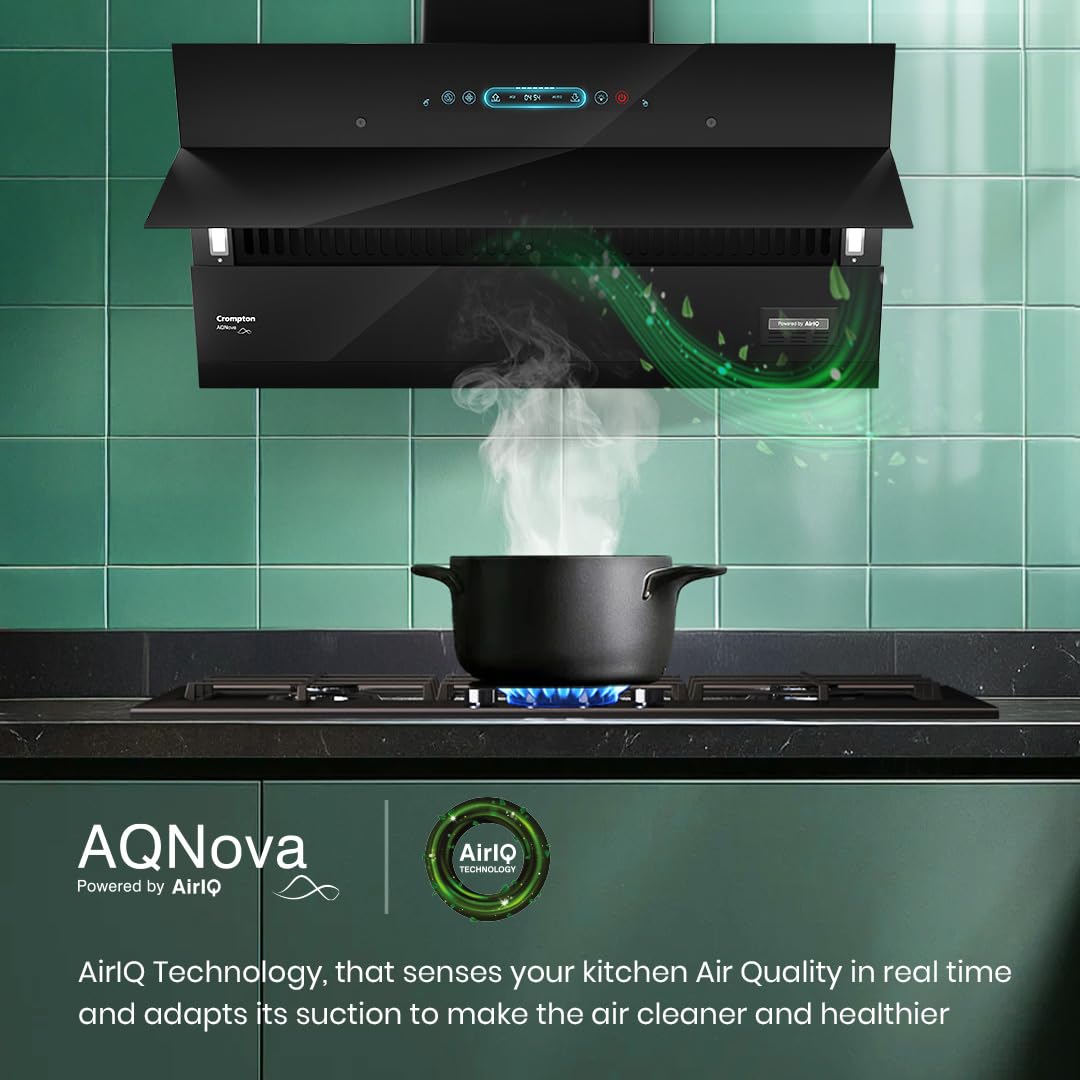 Crompton CHD-AQI75FLE-IND AQNova BLDC 1800m3/hr 75 cm Slant Chimney|AirIQ technology|Adaptive suction| Intelligent Autoclean|Motion Sensor|15Yrs Motor & 4Yrs Overall Warranty|(Black)|Free Installation & Ducting kit mahajan electronics online