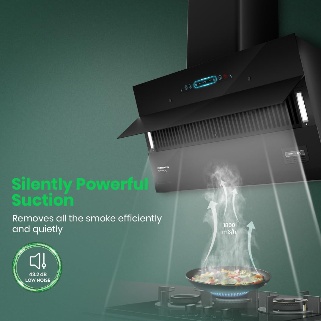 Crompton CHD-AQI75FLE-IND AQNova BLDC 1800m3/hr 75 cm Slant Chimney|AirIQ technology|Adaptive suction| Intelligent Autoclean|Motion Sensor|15Yrs Motor & 4Yrs Overall Warranty|(Black)|Free Installation & Ducting kit mahajan electronics online