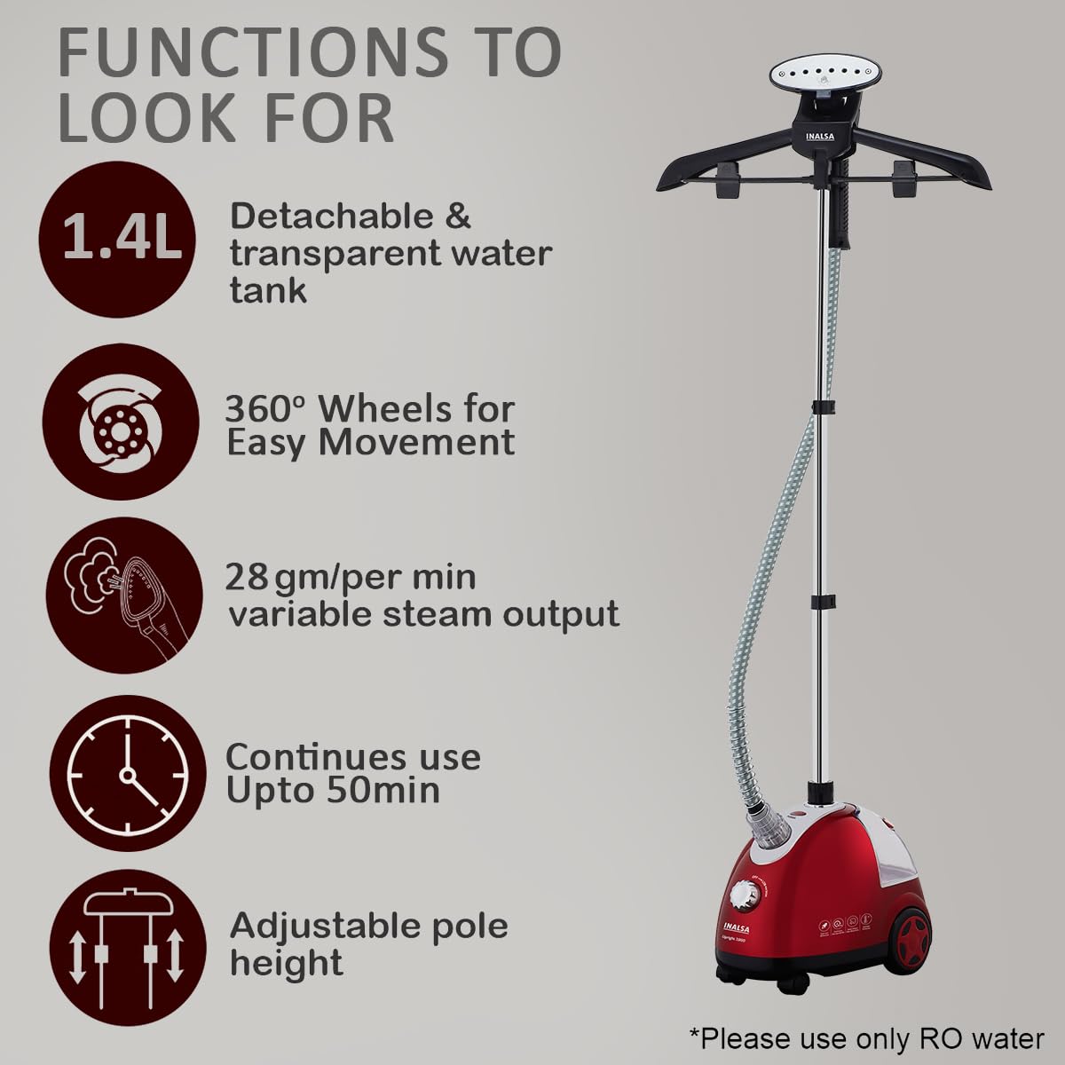 INALSA Standing Garment Steamer 1900 W Steam Iron for Clothes | Steam Output up to 28 g/min | 1.4L Tank | 50 Min Continuous Steam | Overheat Protection | Automatic Shut Off | Upright 1900. INALSA ONLINE MAHAJAN ELECTRONICS 