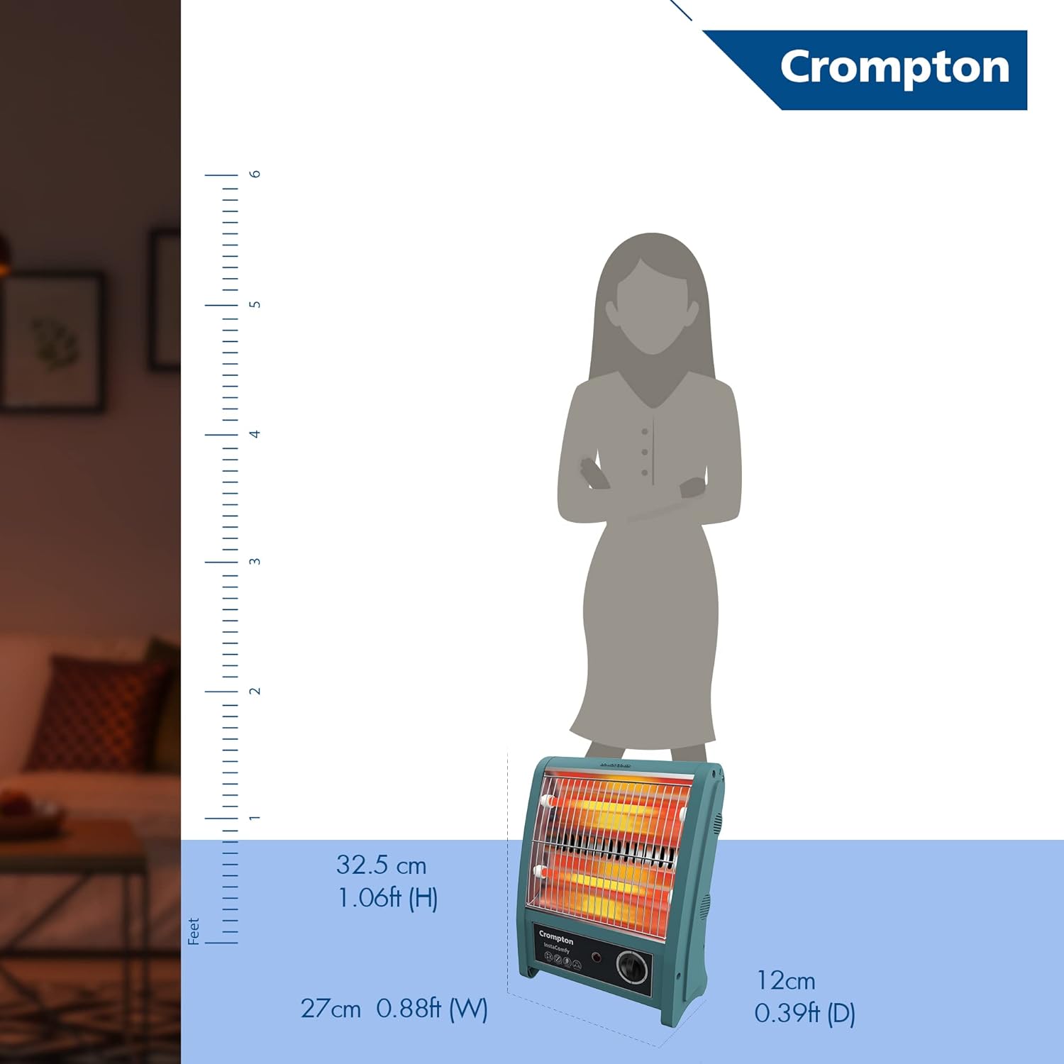 Crompton Insta Comfy 800 Watt Room Heater with 2 Heat Settings(Grey Blue) Mahajan Electronics Online