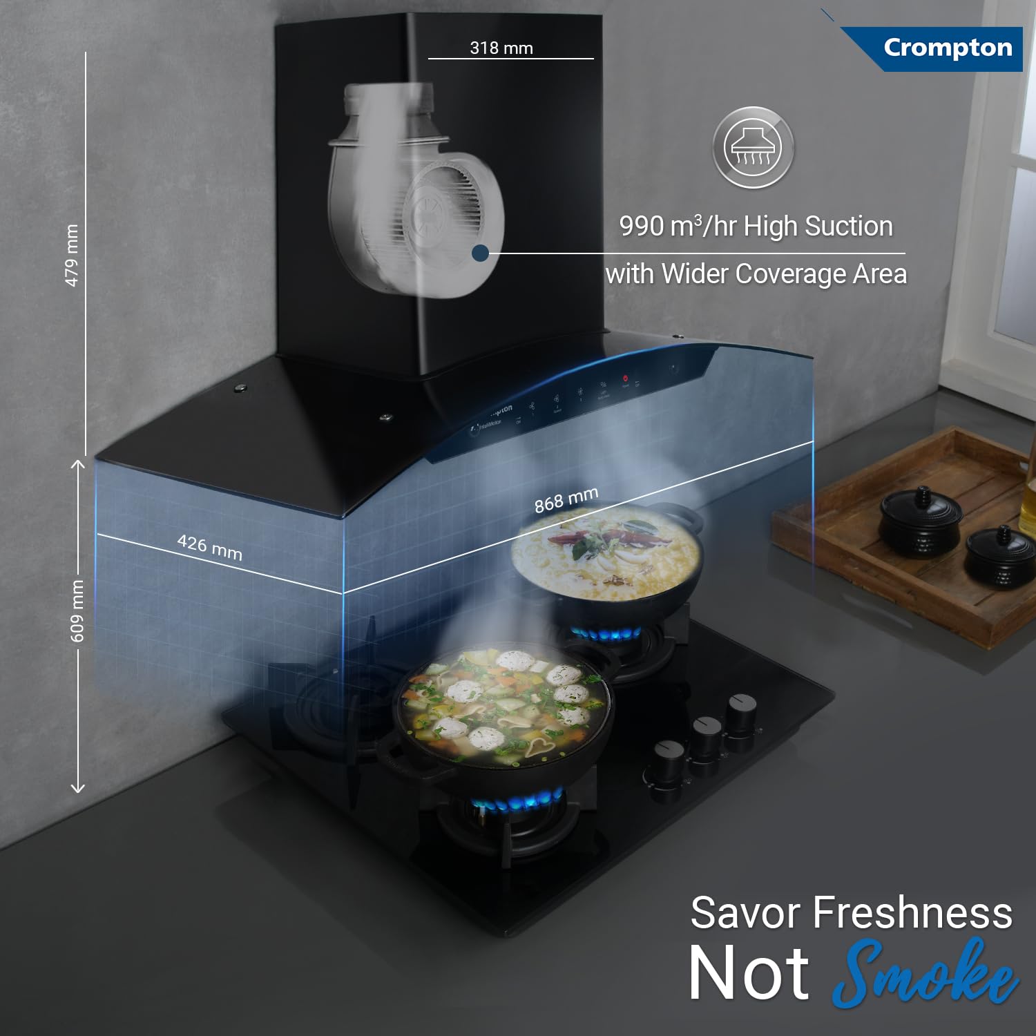 Crompton IntelliMotion ‎CHD-IMC90BFA-MBL 90 cm Curved Glass Kitchen Chimney with Auto-Clean & 990 m³/hr Suction Mahajan Electronics Online