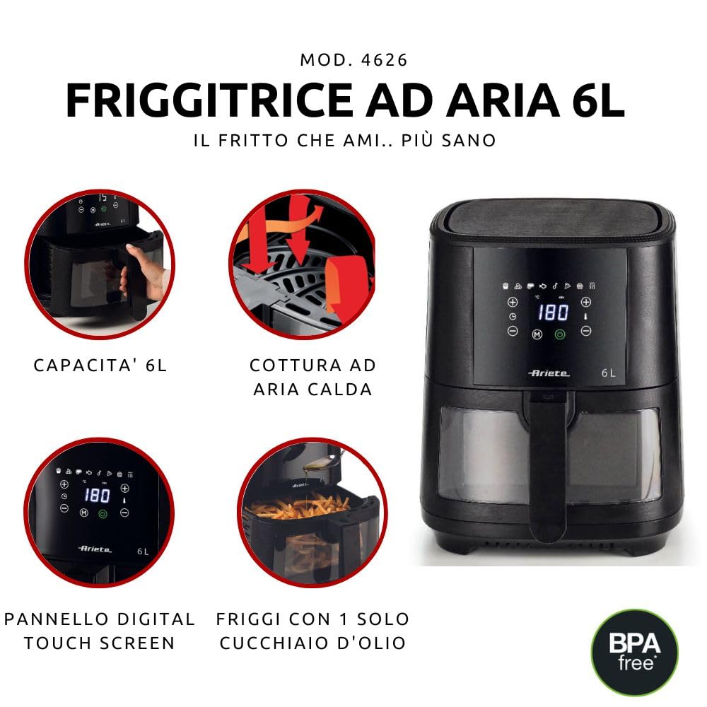 Ariete 4626 6L air fryer, 1300 W, 6L capacity, 2.5kg cooking capacity, 8 preset programs Mahajan Electronics Online