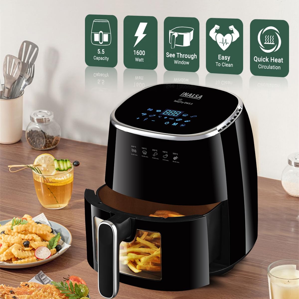 INALSA Air Fryer for Home|5.5 L Capacity|Visible Window & Internal Light|1600 W with Smart AirCrisp Technology Mahajan Electronics Online