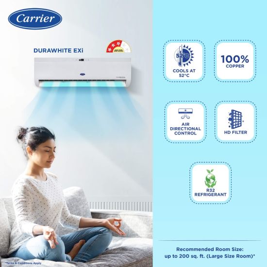 Carrier Durawhite Exi, CAI24DH3R32F0 2 ton 3 star inverter split ac (Copper, Convertible 6-in-1 Cooling, PM2.5 Filter, 2024 Model, White) Mahajan Electronics online