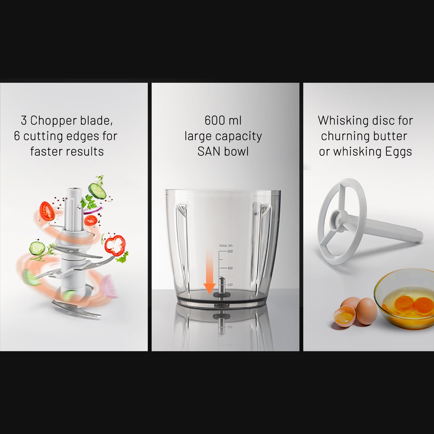 Glen SA 4042TU PLUS 300 Watts Electric Chopper for Kitchen Use, Large 600ml Bowl, Triple SS Blade Technology, Fruit & Vegetable Cutter, with Whisking Disc, Chops Onion & Nuts - Black Mahajan Electronics Online