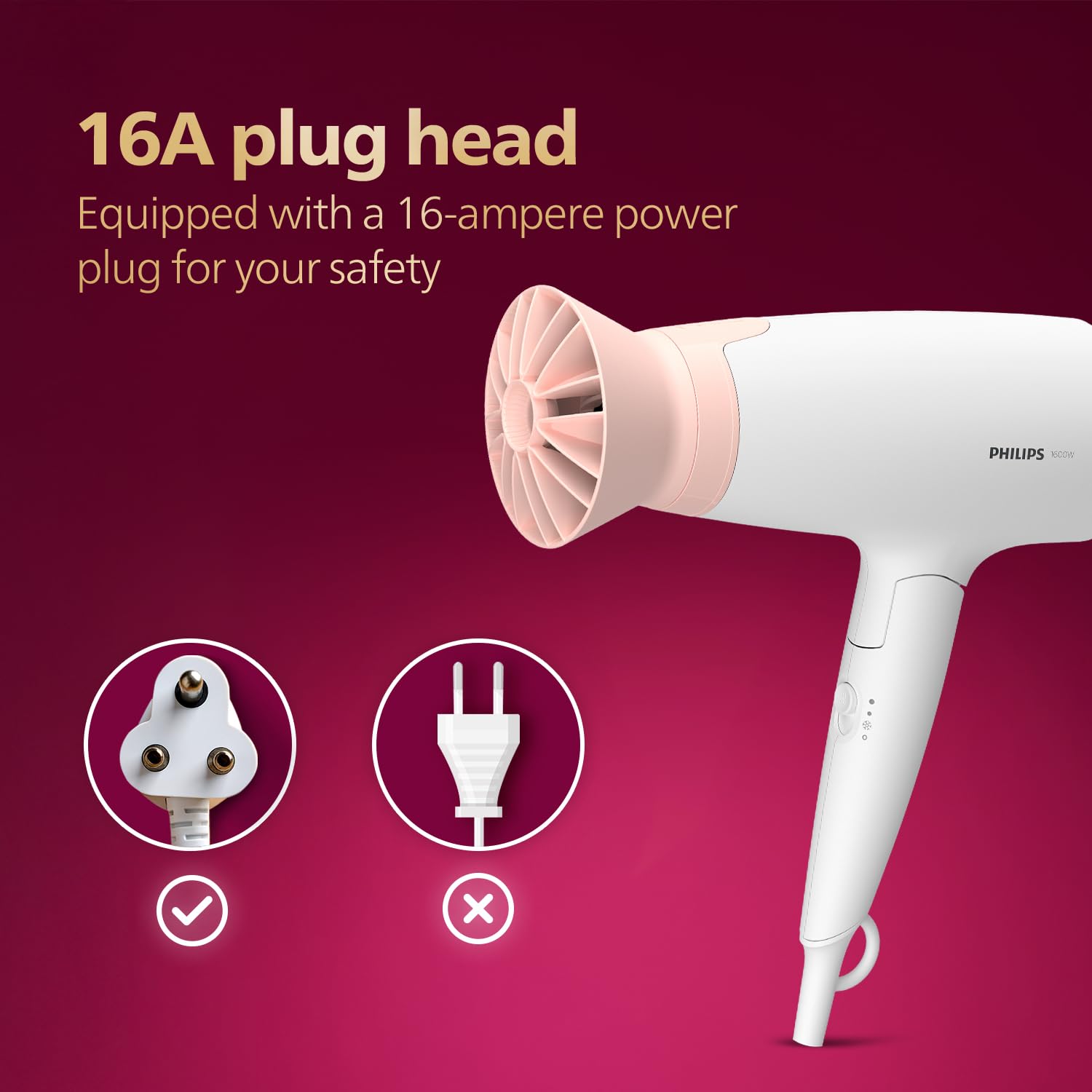 Philips BHD308/30 Foldable Hair Dryer 1600 Watts|  Heat Settings with Cool Shot (Hot/Cool/Warm) | ThermoProtect Airflower Attachment- Pink |  White | Perfect Blow Dry & Style for Men and Women | 2 years Warranty Philips
