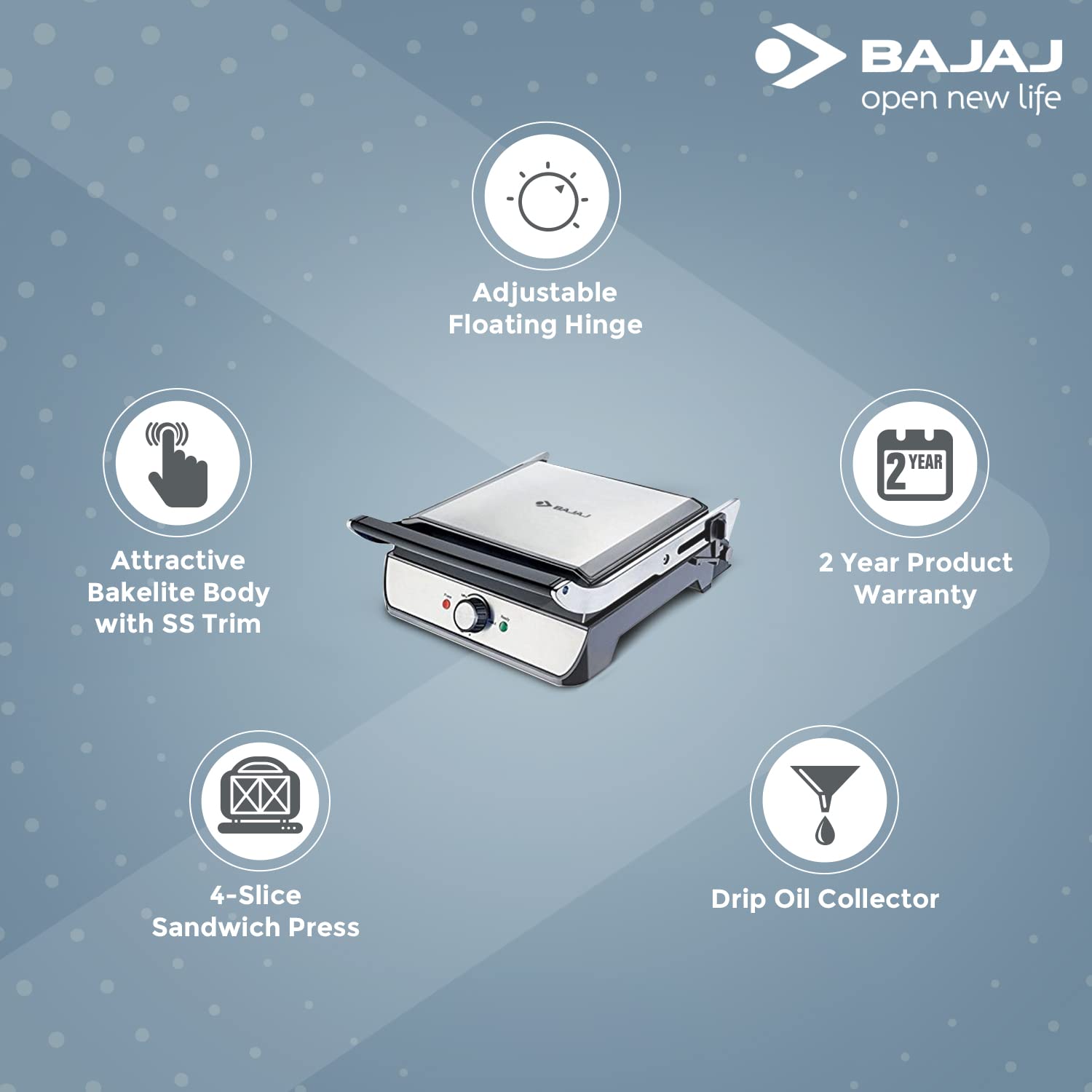 Bajaj Majesty Grill Ultra 2000W 4-Slice Grill Sandwich Maker | 180° Open Grill | Adjustable Hinge & Temperature Control | Non-Stick Coated Plate | Drip Oil Collector | 2-Yr Warranty by Bajaj | Black Mahajan Electronics Online