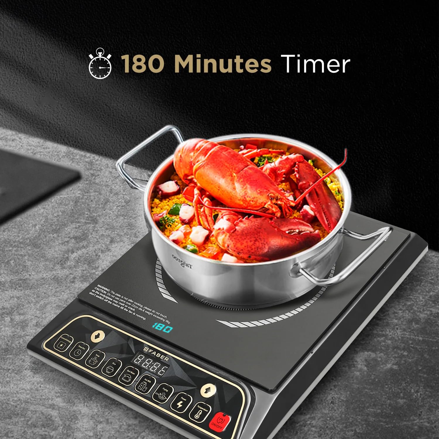 Faber Zion 1600W Induction Stove | 5 Auto-Cook Functions, Auto Pan Detection, Preset Timer, Overheat Protection | Shock-Proof Body, Black Crystal Glass, Soft-Touch Control, LED Display | (Black) Mahajan Electronics Online