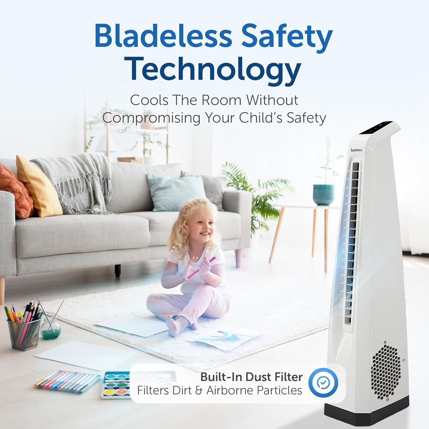 Symphony Surround-i Bladeless Tower Fan for Room | High-Speed with Swivel Action, Touchscreen Control Panel & Remote | 1 Year Warranty | White Mahajan Electronics Online