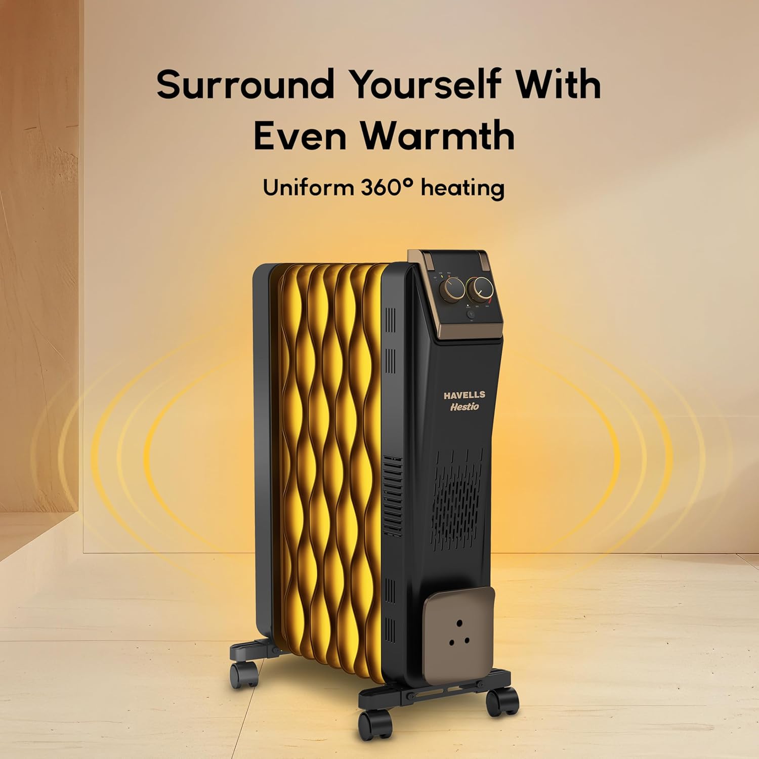 Havells GHROFCJK240 9 Fin Hestio Wave Fin OFR (Oil Filled Radiator)|Room Heater|2400 W|3 Heat Settings & PTC Fan Heater|Inclined Control Panel|Retractable Wheels| Comfortable Breathing|360° Heating (Black) Mahajan Electronics Online