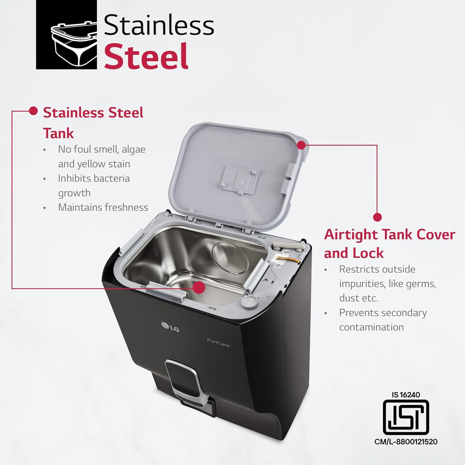 LG WW132NF RO Water Purifier | 8L Storage Airtight Stainless Steel Tank | Multi Stage Filtration | Wall Mount | Suitable for all Water Sources,  Black Mahajan Electronics Online