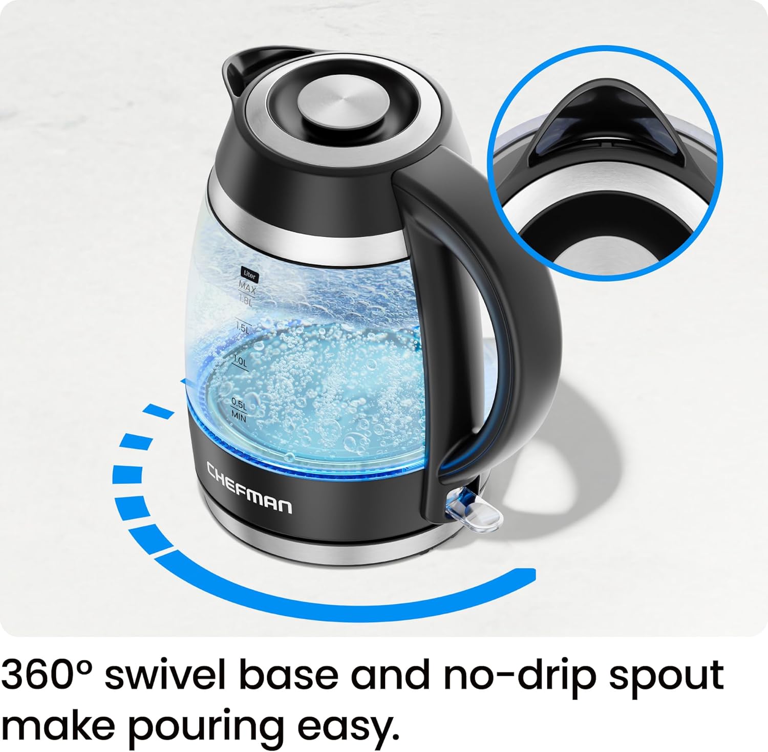 Chefman RJ11-18-PL-IN Electric Kettle, 1.8L 1500W, Hot Water Boiler, Removable Lid for Easy Cleaning, Auto Shut Off, Boil-Dry Protection, Stainless Steel Filter, BPA Free, Borosilicate Glass Electric Tea Kettle Mahajan Electronics Online