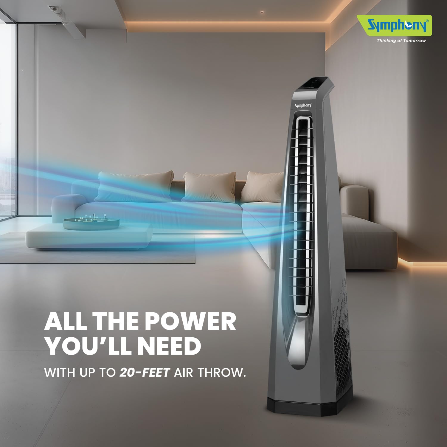 Symphony AFNTF002 Surround-i Bladeless Tower Fan for Room (Grey) | High-Speed Airflow | Touchscreen Panel | Remote Control | Swivel Action Symphony