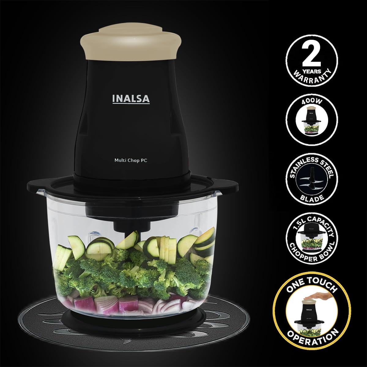 INALSA Multi Chop PC  Electric Chopper for Kitchen &Meat Grinder|1.5 LCapacity|Unbreakable Bowl|400W Motor|2 Yr Warranty INALSA