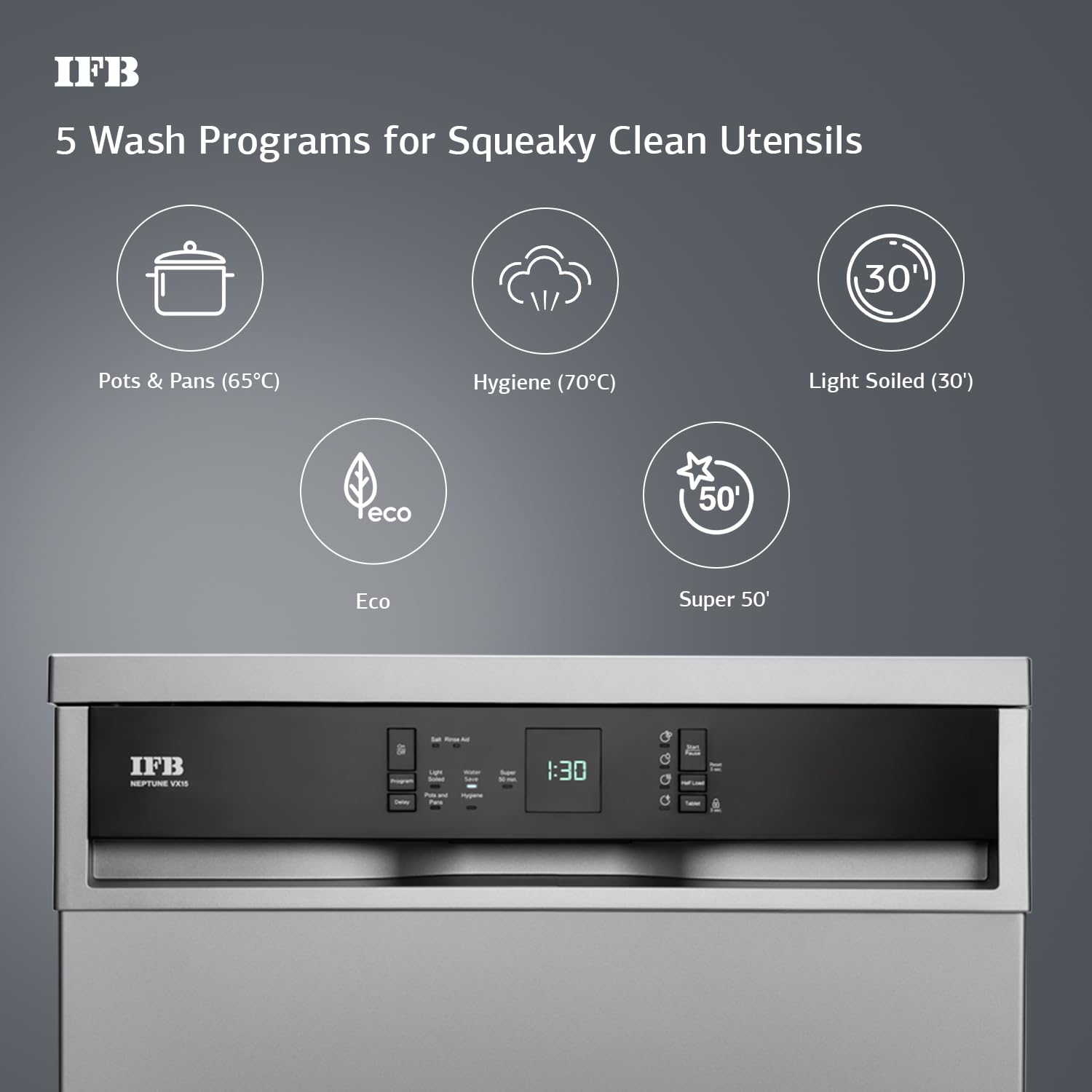 IFB Neptune VX15 15 Place Settings with DeepClean® Technology Freestanding Dishwasher ( Dark Silver, 70° Hot Water Wash with Hygienic Steam Drying, Perfect for Indian Utensils) Mahajan Electronics Online