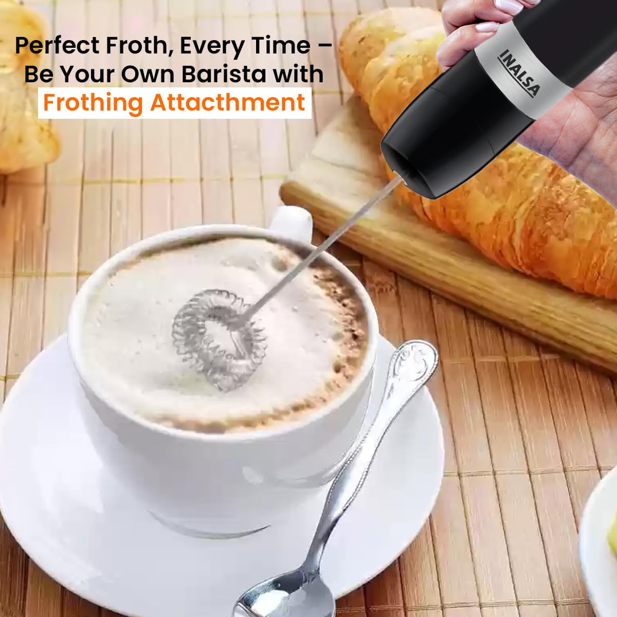 INALSA Robot INOX 1350 Blend Hand Blender Mixer|1350W Copper Motor|Chopper,Coffee Beater/Frother,Whisker&Jar Attachment|Low Noise|20 Speed Control&Turbo Mode|BPA Free|Anti-Splash|2-Yr Warranty, N Froth INALSA