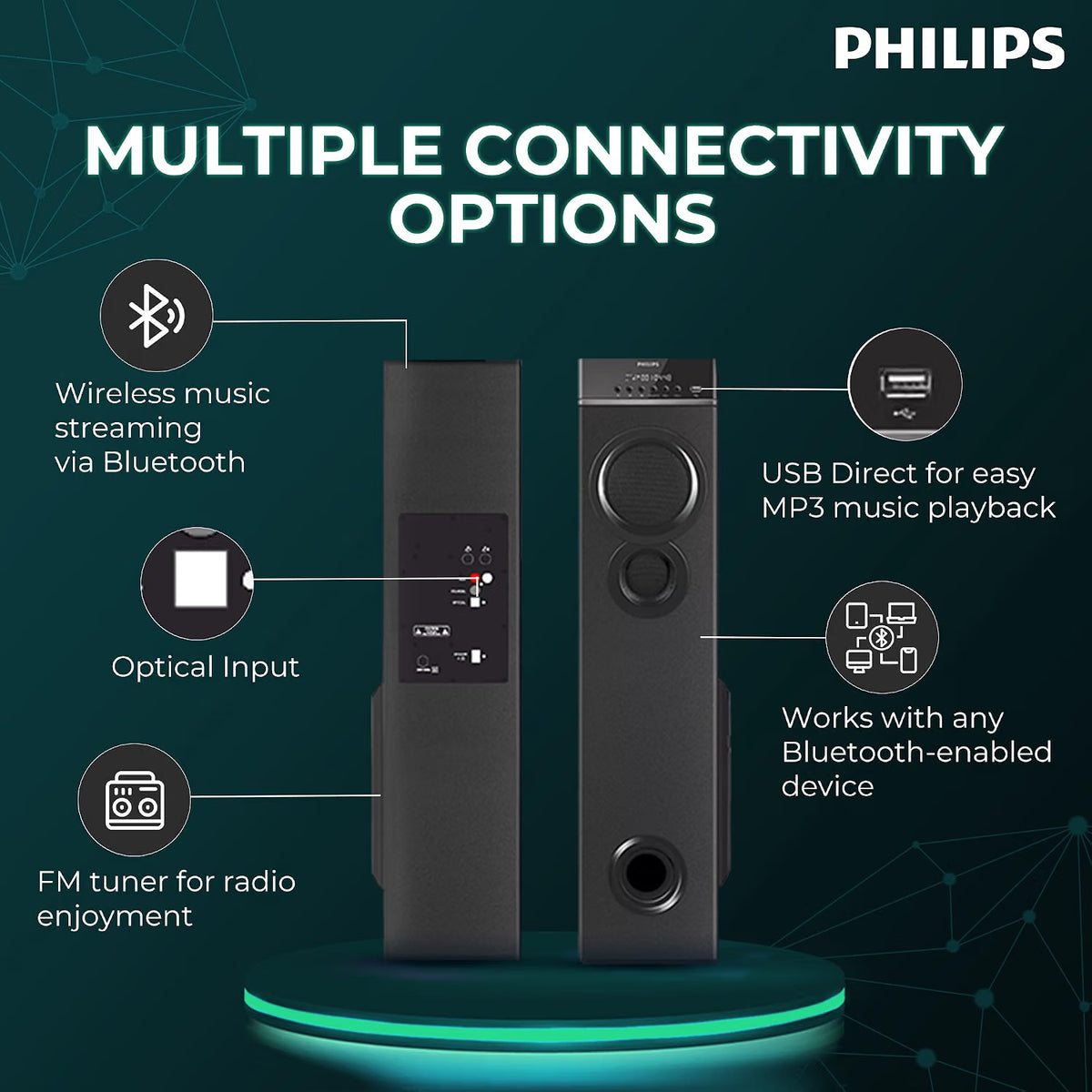 PHILIPS Audio SPA9085 2.0CH 100W Multimedia Tower Speakers with Wireless Microphone,Multi-Connectivity Option with Supporting USB, AUX, FM,Mic & Thumping Bass with Karaoke(Black) Philips