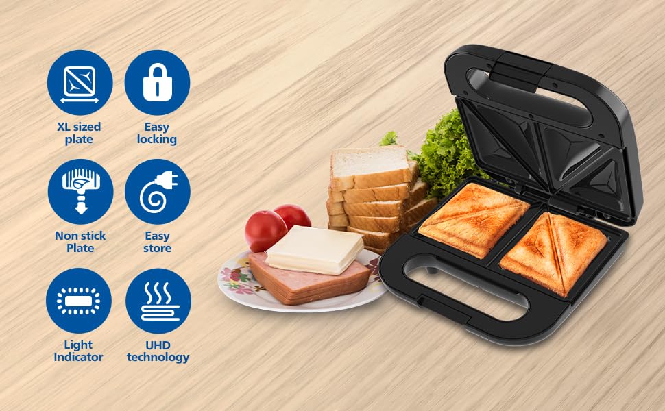 Philips HD1000/00 XL Sandwich Maker | 800W | Non-Stick Coated Plates | UHD Technology | Easy Locking | Black with Metallic Finish Mahajan Electronics Online
