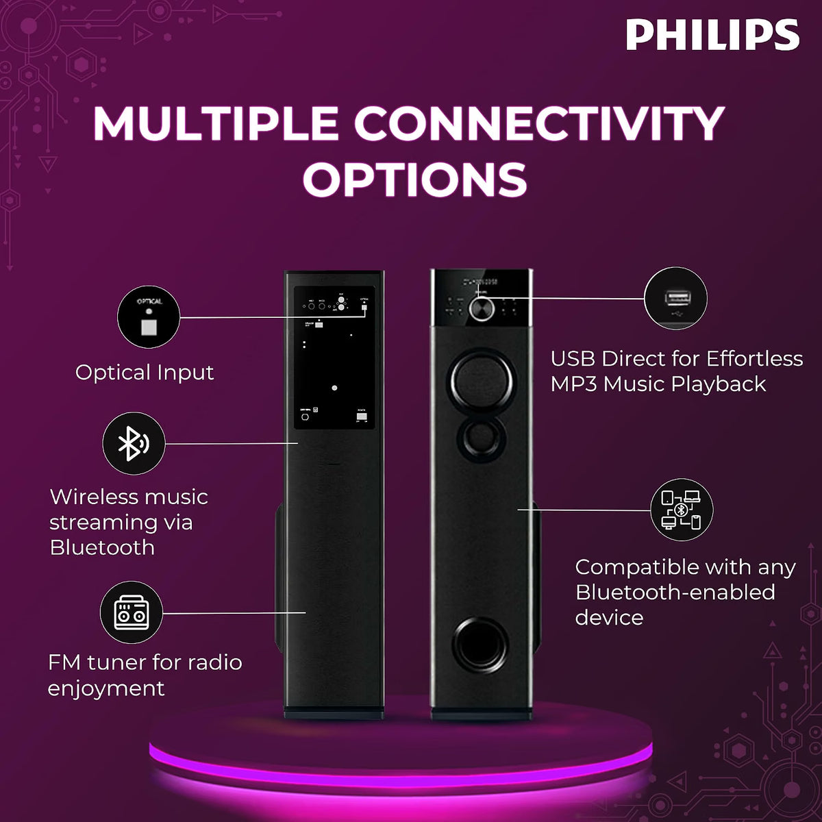 PHILIPS Audio SPA9125 2.0CH 130W Multimedia Tower Speakers with Wireless Microphone,Multi-Connectivity Option with Supporting USB, AUX, FM,Mic & Thumping Bass with Karaoke(Black) Philips