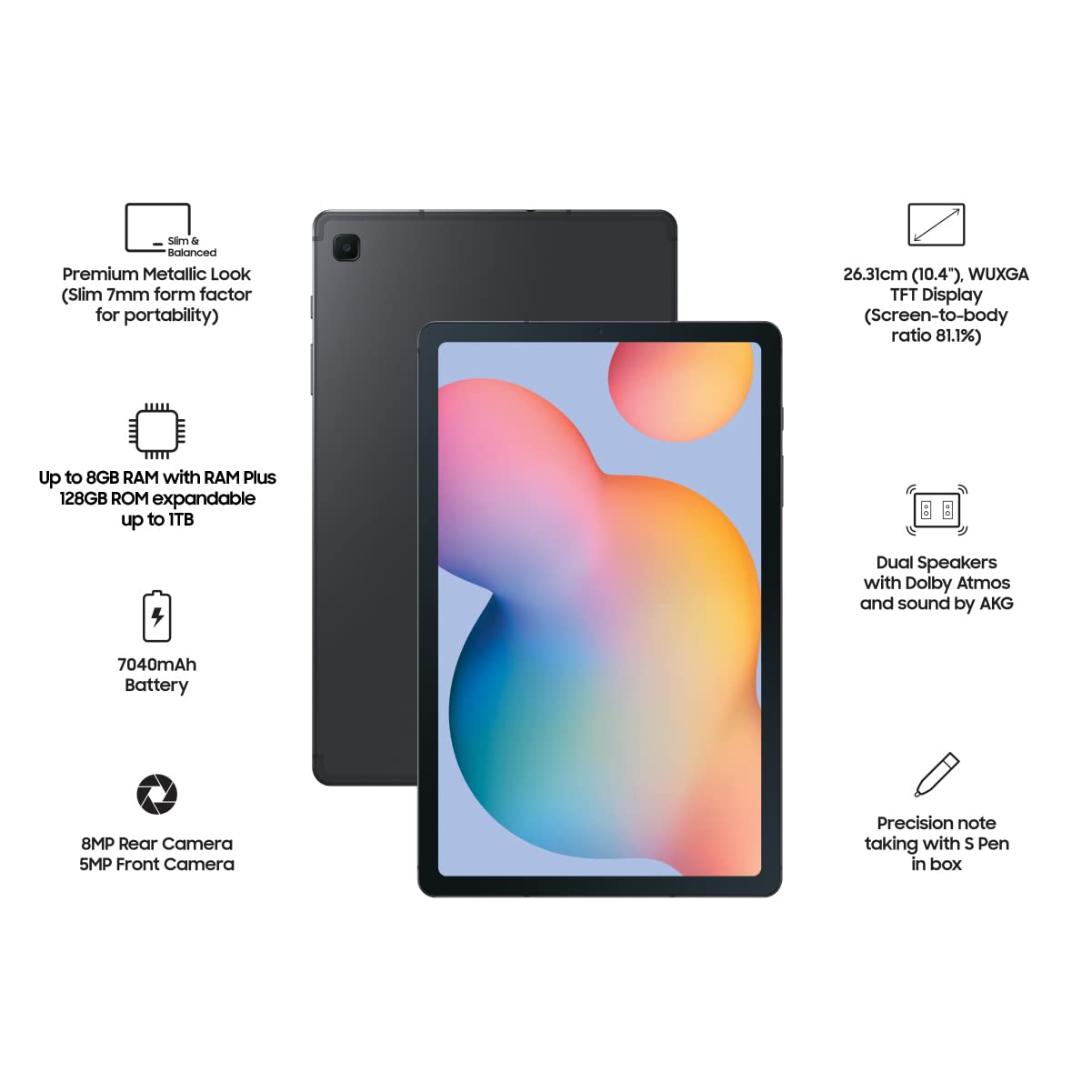 Samsung Galaxy Tab S6 Lite 26.31 cm (10.4 inch), S-Pen in Box, Slim and Light, Dolby Atmos Sound, 4GB RAM, 128GB Storage | Upto 8GB RAM with RAM Plus, Wi-Fi Tablet, Gray - Mahajan Electronics Online