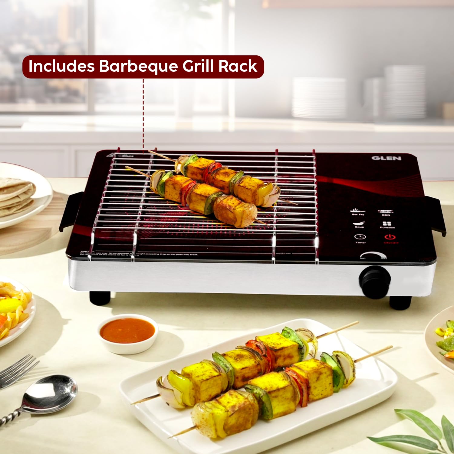 Glen SA3074 Infra 2000W Infrared Cooktop Stove with Grill Rack for Barbecue, Crystal Glass Plate, Digital Display, 3 Preset Cooking Modes, Touch Control, Infrared Hot Plate Mahajan Electronics Online
