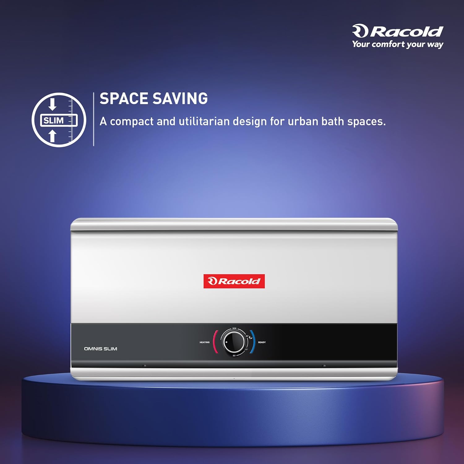 Racold Omnis Slim 25L Horizontal Energy Efficient Storage Water Heater (Geyser) With Free Standard Installation & Pipes |Italian Design| Shower Ready Indicator | Suitable For High Rise Buildings New Racold