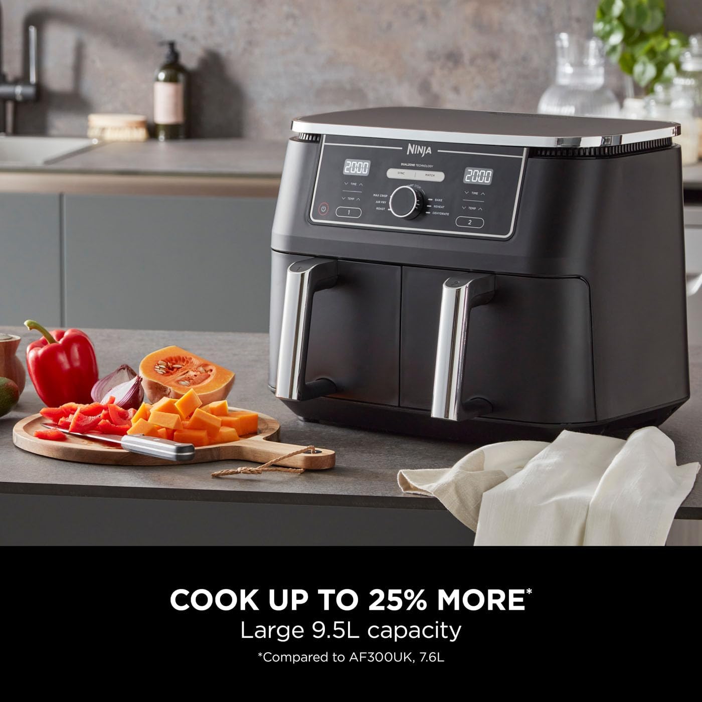 Ninja AF400 Foodi MAX Dual Zone Digital AirFryer, 2 Drawers, 9.5L, 6-in-1, Uses No Oil, Air Fry, Max Crisp, Roast, Bake, Reheat, Dehydrate, Cook 8 Portions, Non-Stick Dishwasher Safe Baskets, Black Mahajan Electronics Online