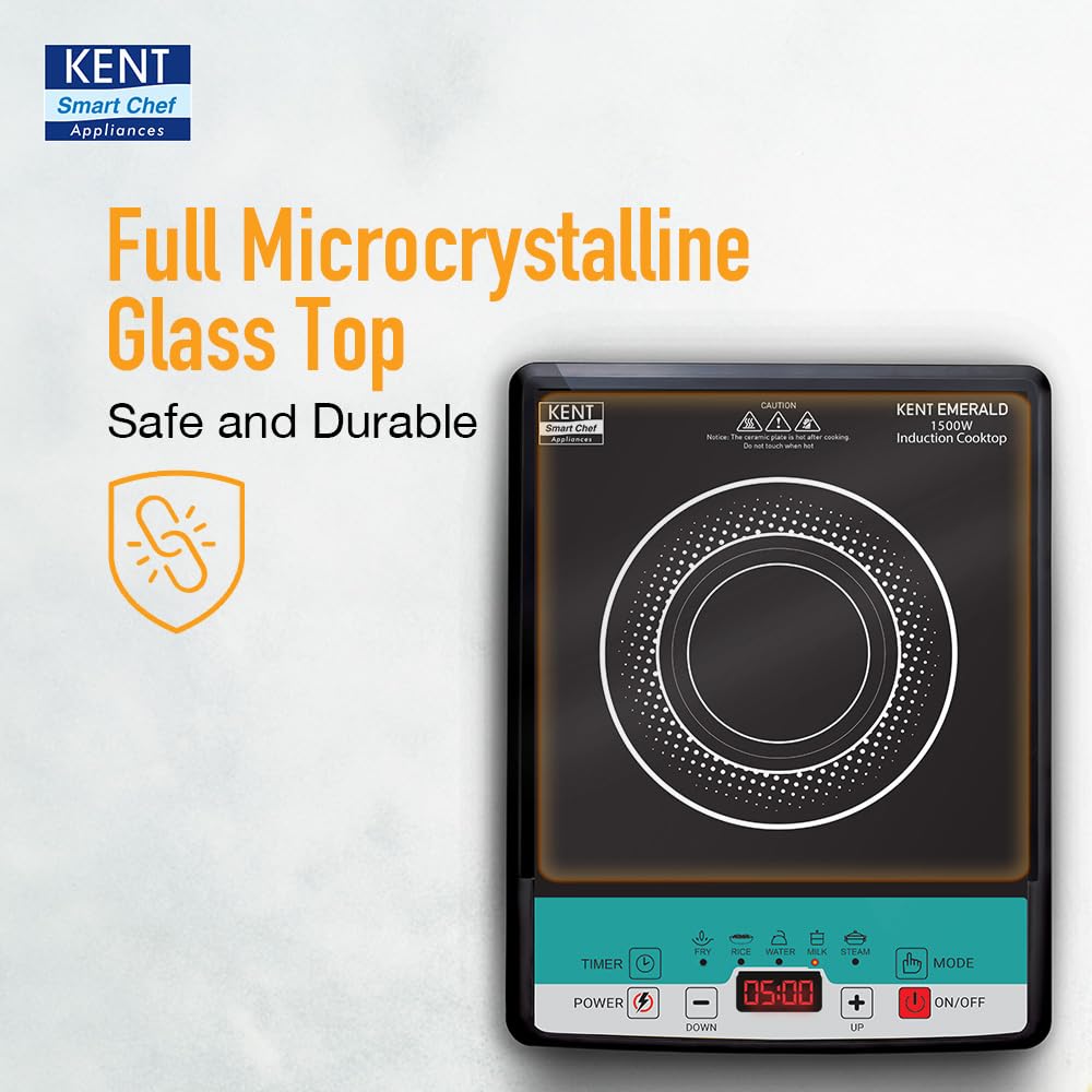 KENT Emerald Induction Cooktop 1500W|Faster Cooking With 5 Preset Options|Full Microcrystalline Glass|Adjustable Temperature Function|Overheat Protection|Safe Cooking And Easy Cleaning,Black Mahajan Electronics Online