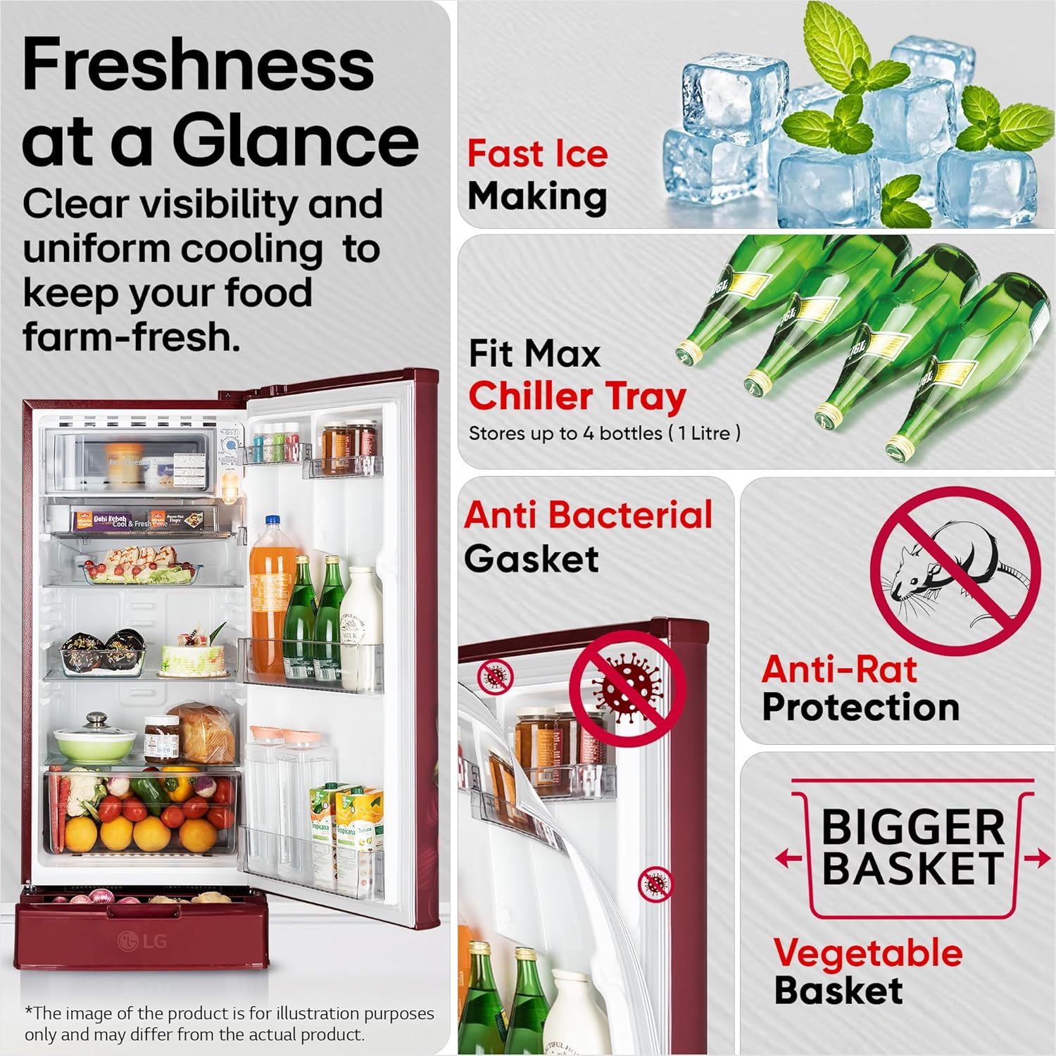 LG GLD1925XORK 185 L, 2 Star, Direct Cool Single Door Refrigerator ( Ruby Klase, Base stand with Drawer, Fit Max Chiller Tray, Works Without Stabilizer, 2026 Model) Mahajan Electronics Online