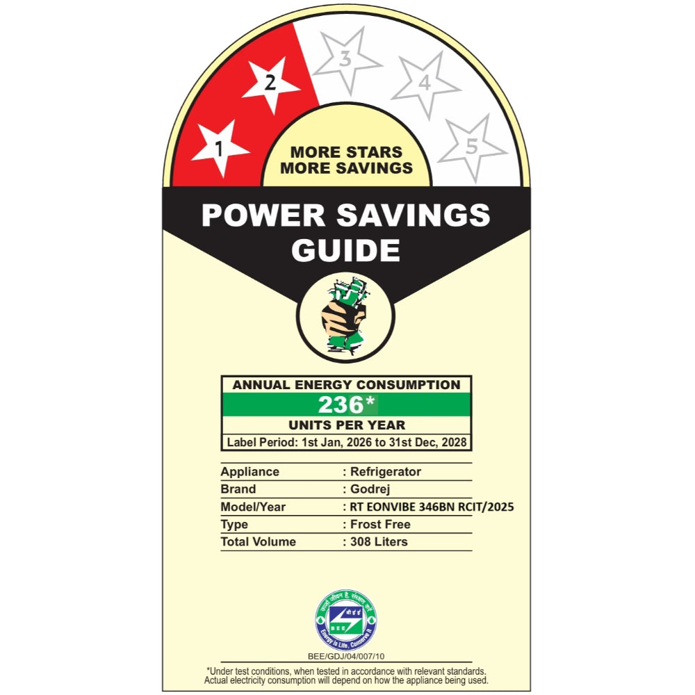 Godrej RT EONVIBE 346BN RCIT MT BK 308 L 2 Star Convertible Frost Free Double Door Refrigerator, Matt Black