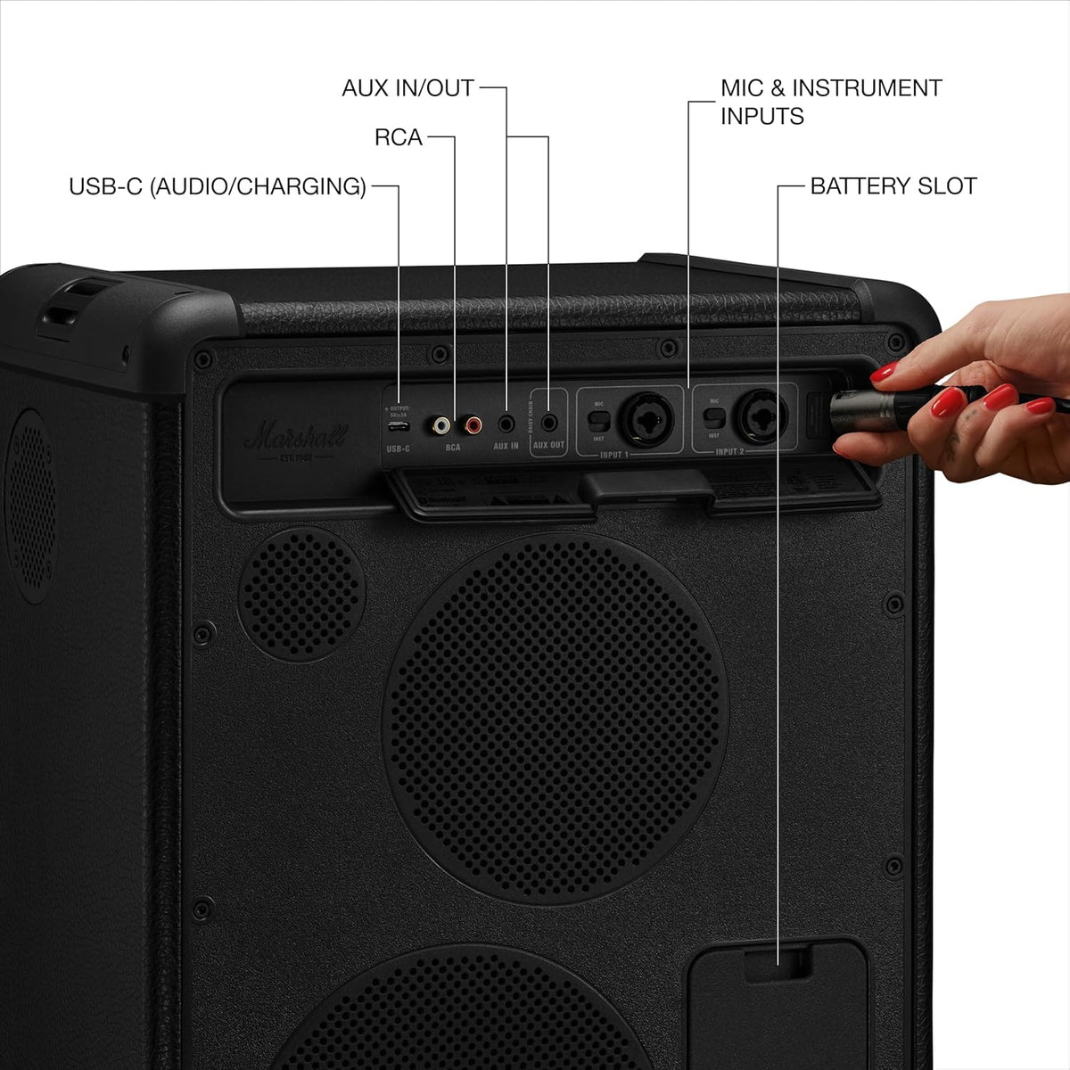 Marshall Bromley 450 Portable Party Speaker - Loud 360° Sound with Bass EQ Controls | 40+ Hours Playtime | Bluetooth, 3.5 mm AUX, RCA, Microphone, Instrument Inputs | LED Lights - Black and Brass Marshall