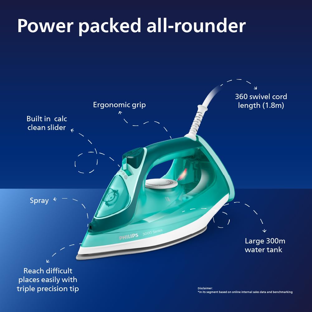 Philips Speed Pro DST3030/70 Steam iron 2400 W Green World's No.1 Ironing brand, 40g/min Steam with 180g Steam Boost Ceramic Soleplate with Auto Shut-off & Drip Stop Technology, Large 300ml Water Tank Mahajan Electronics Online