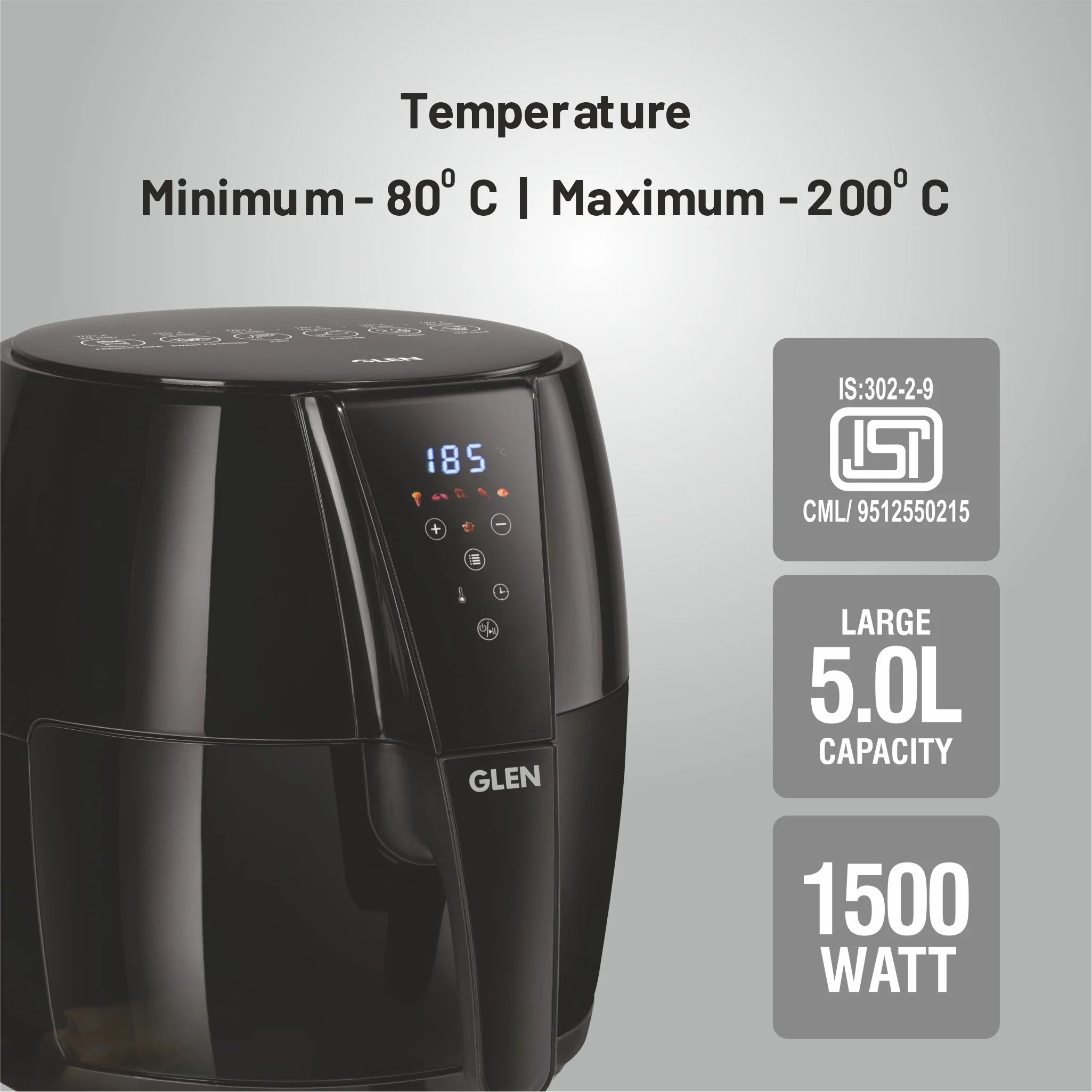 Glen SA3041DIGI Air Fryer, 5.0 Litre Digital Controls, 6 Pre Set Menu Timer, Temperature Control, 1500W -Black Mahajan Electronics Online