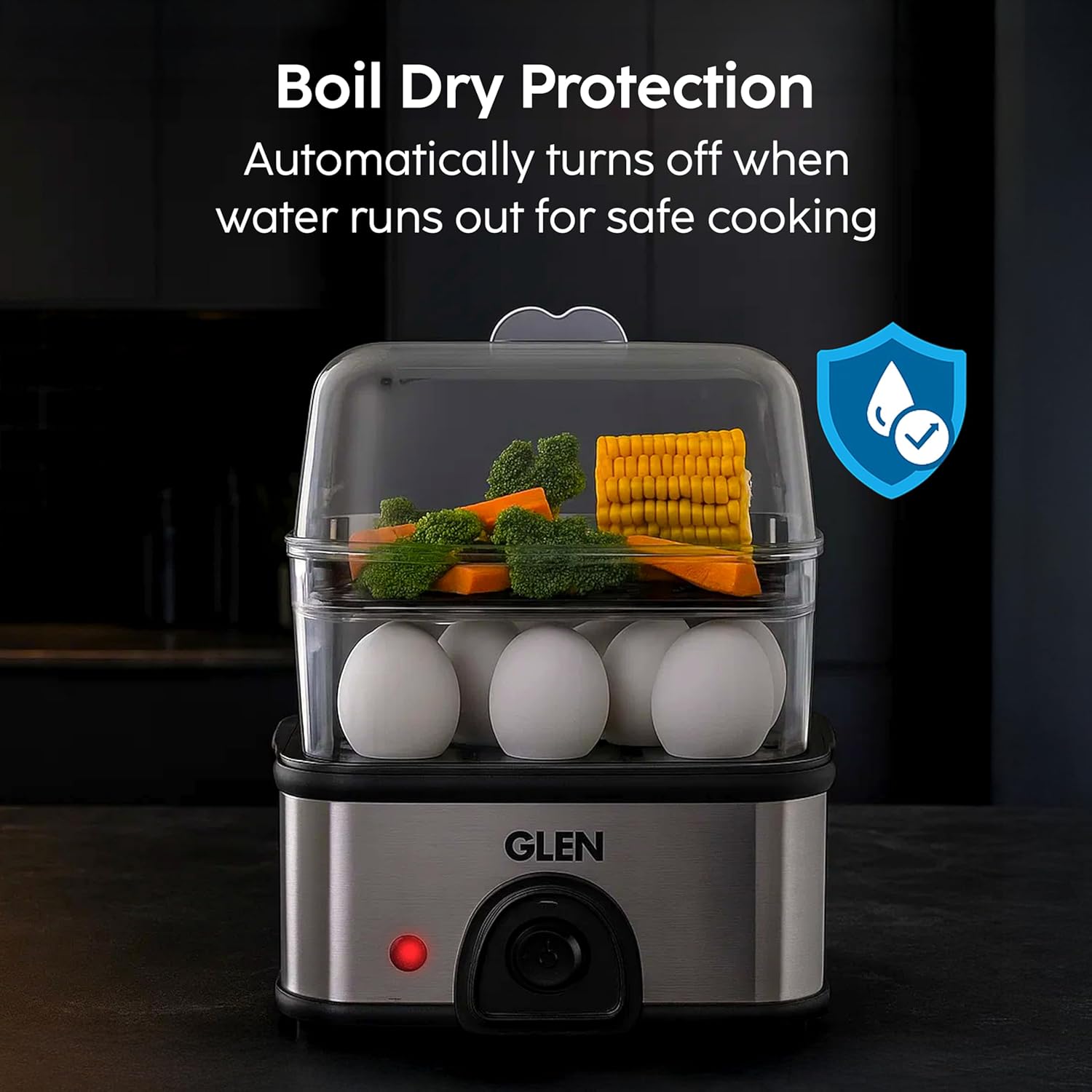 Glen SA3035 MC PLUS 3 in 1 Electric Multi Cooker Steam Egg Boiler with Extra Layer Rack - Steam, Cook & Boil, 350W, 45 Minutes Timer, Boils up to 14 Eggs at a time, boil dry protection with lid (Copy) Mahajan Electronics Online