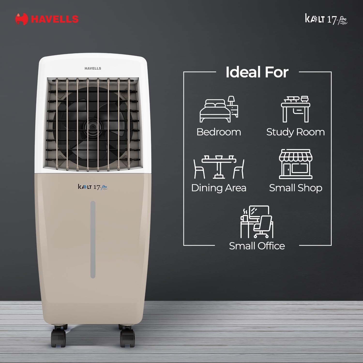 Havells Kalt Pro 17 L Personal Air Cooler for Room|With Fan & 3 Side Bacteria Shield Honeycomb Pads|Aerodynamically Designed Blades|Sleek & stunning design |Front Wheel with Brakes|Inverter Compatible Mahajan Electronics Online