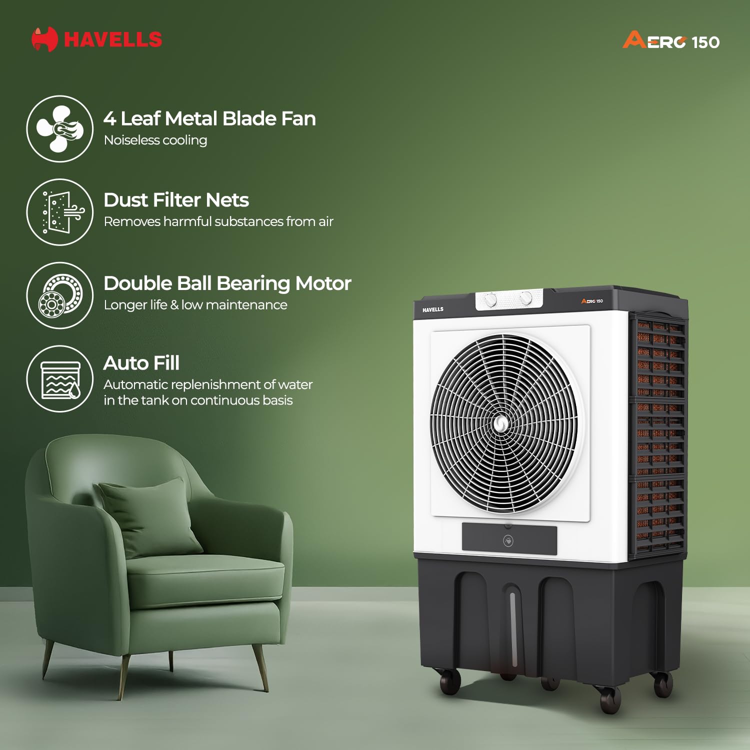 Havells 150L Aero Premium Desert Cooler | Auto Fill | XXL Ice Chamber | 3 Side Cooling Pads | Dust Filter | Heavy Duty Air Throw | Grey