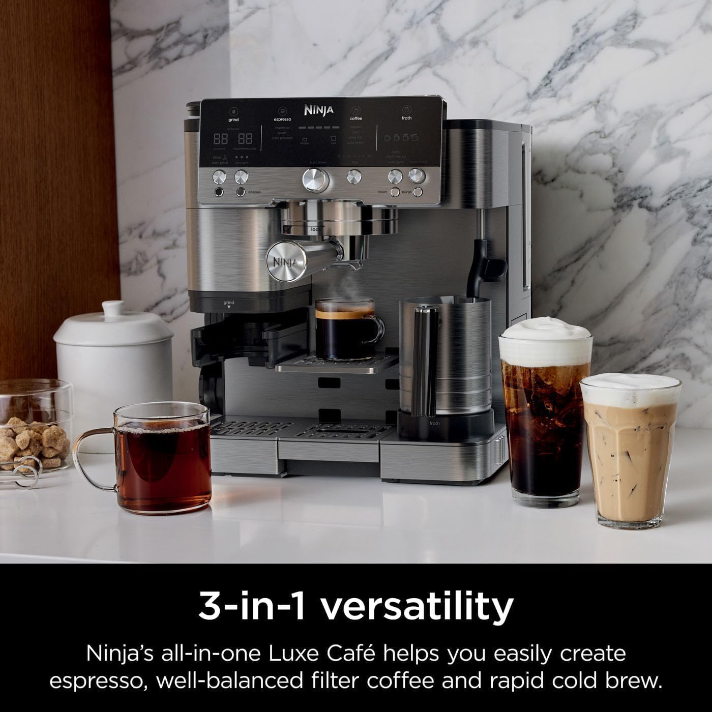 Ninja Luxe Premier ES601EU 3-in-1 Coffee Maker with Grinder and Frother for Latte, Cappuccino, Cold Brew & Espresso, Easy to Use, 4 Presets for Frothing, Silver Mahajan Electronics Online